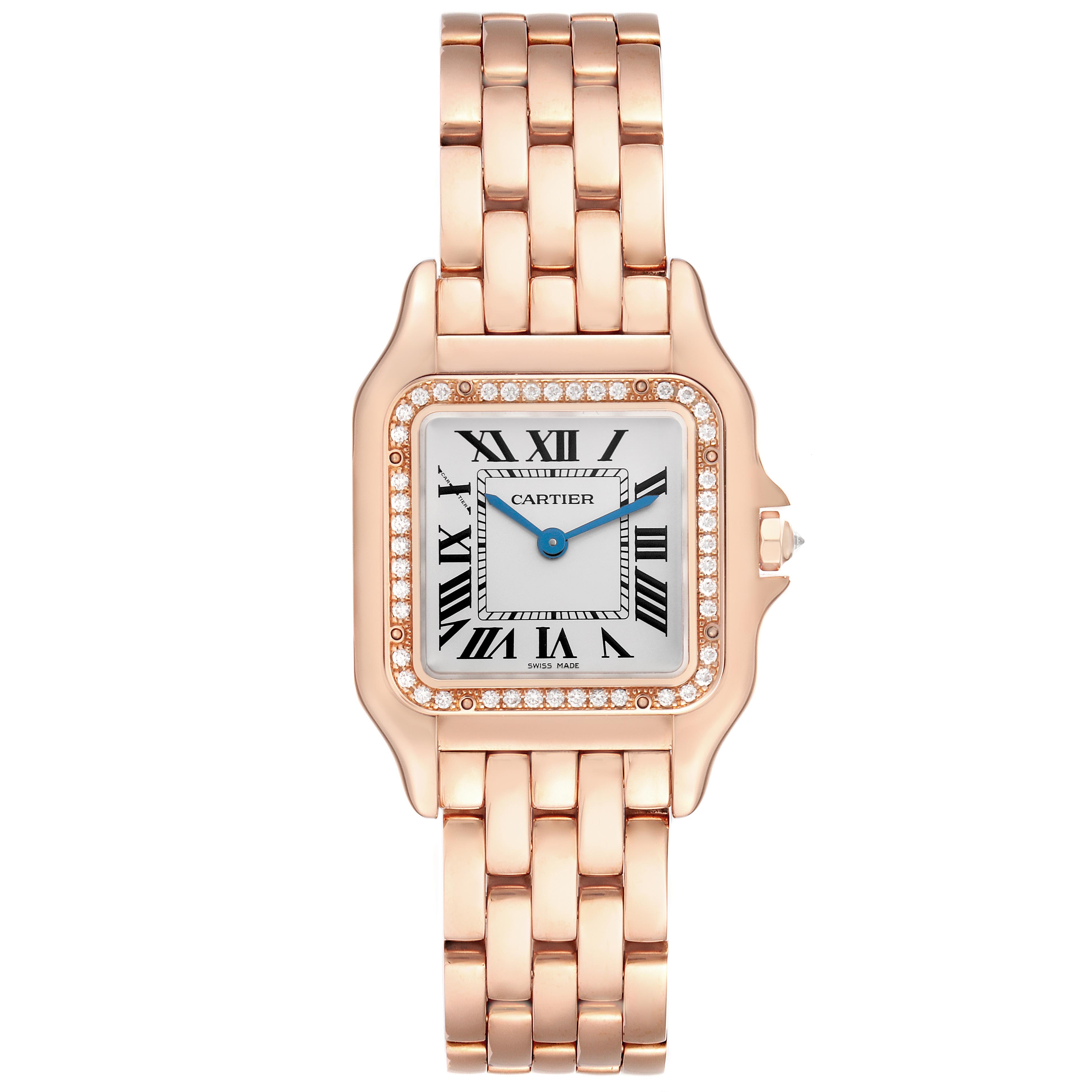 The Cartier Panthere WJPN0009 Women's Rose Gold Silver Dial WJPN0009 Women's Rose Gold Silver Dial watch is shown from a top view, highlighting the bracelet, square face, and diamond-set bezel.