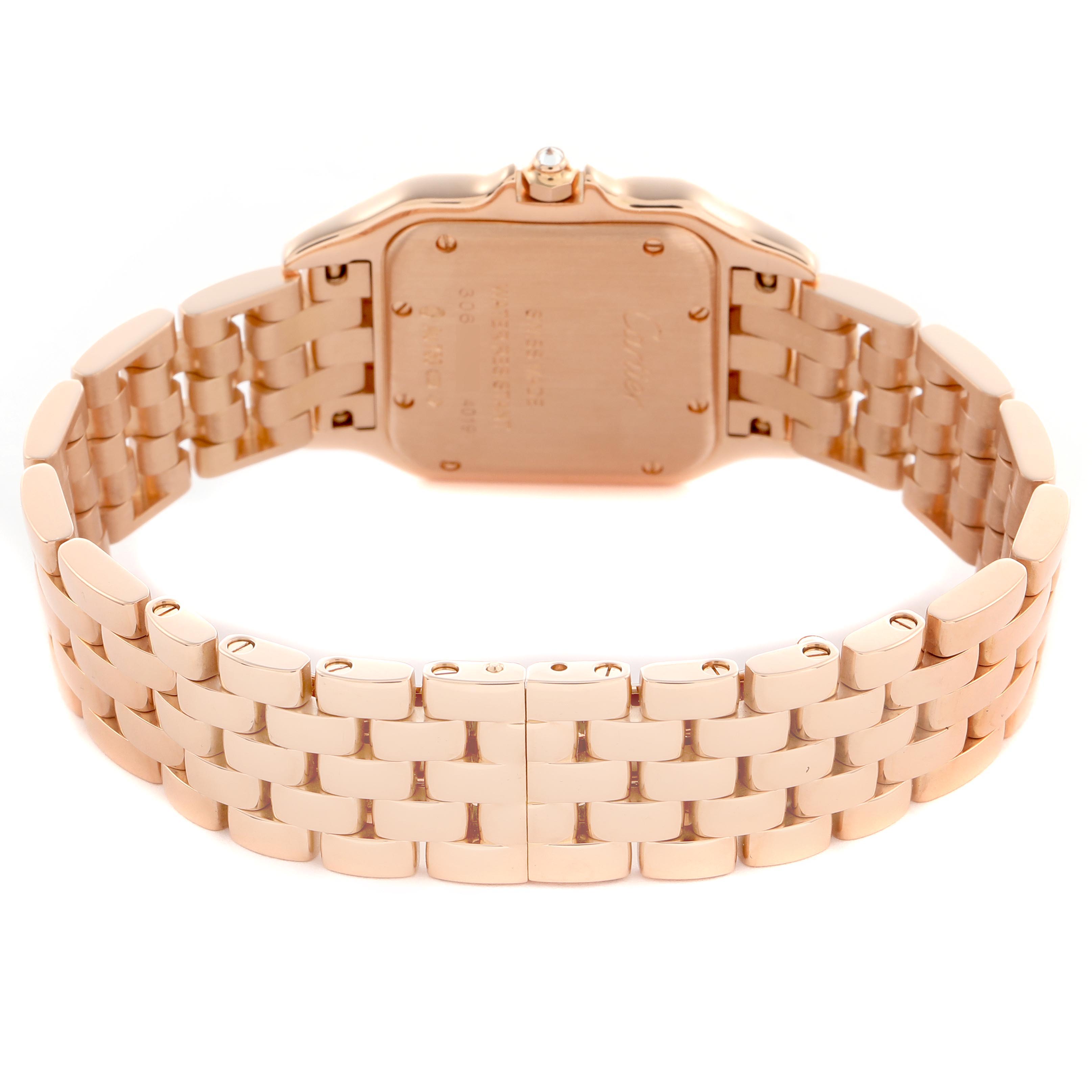 The Cartier Panthere WJPN0009 Women's Rose Gold Silver Dial WJPN0009 Women's Rose Gold Silver Dial watch is shown from the back, highlighting its bracelet and caseback details.