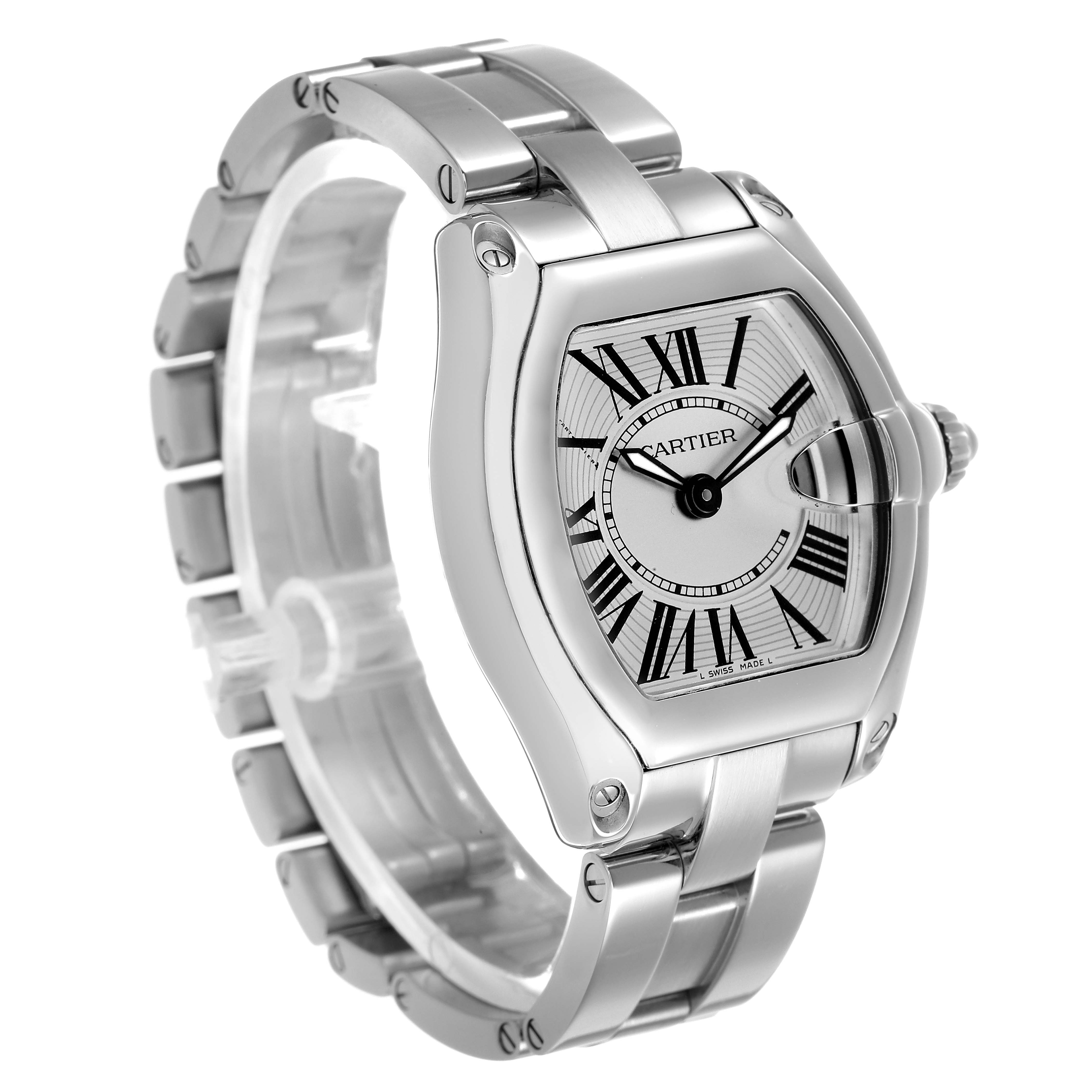 The Cartier Roadster W62016V3 Women's Stainless Steel Silver Dial watch is shown at a three-quarter angle, highlighting the face, case, and bracelet.