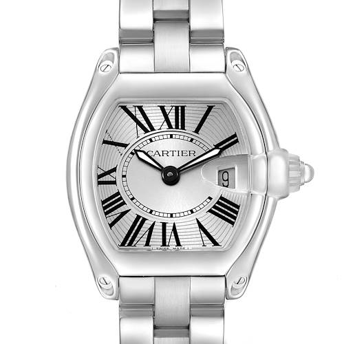 The Cartier Roadster W62016V3 Women's Stainless Steel Silver Dial watch is shown from a front view, displaying the dial, Roman numerals, and metal bracelet.