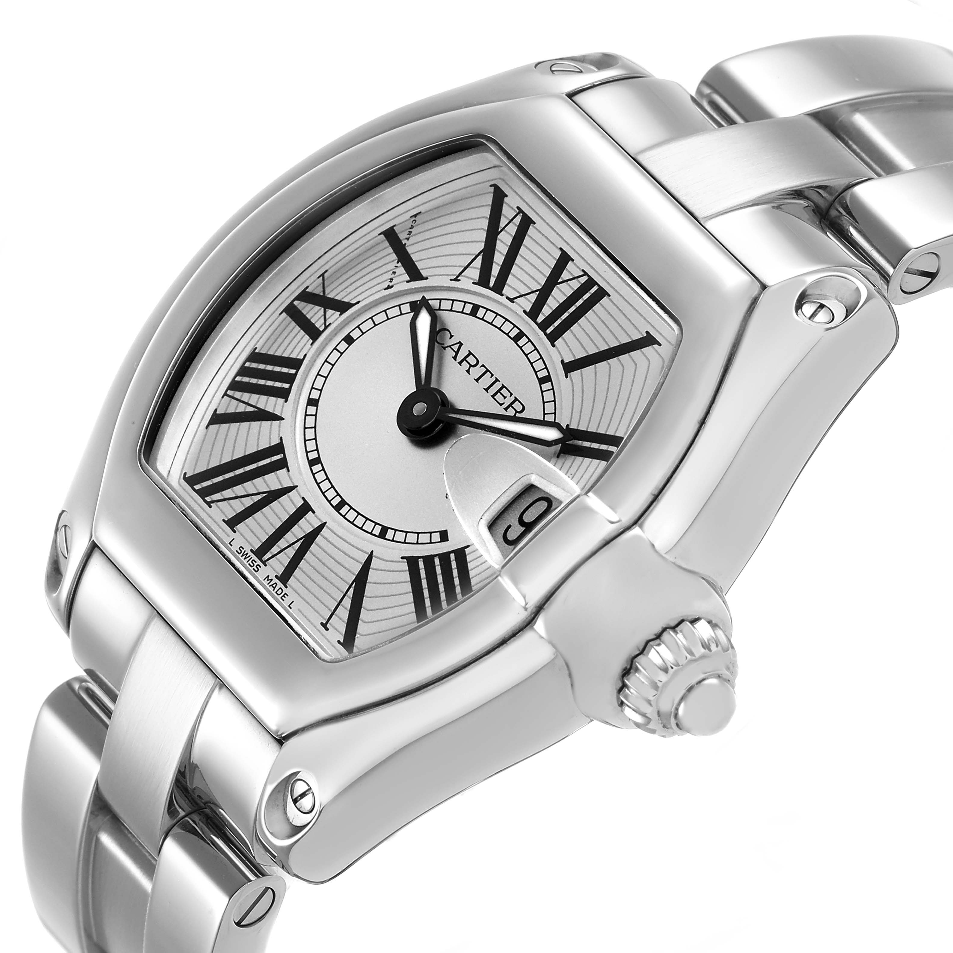The Cartier Roadster W62016V3 Women's Stainless Steel Silver Dial watch is shown at an angle focusing on the dial, crown, and part of the bracelet.