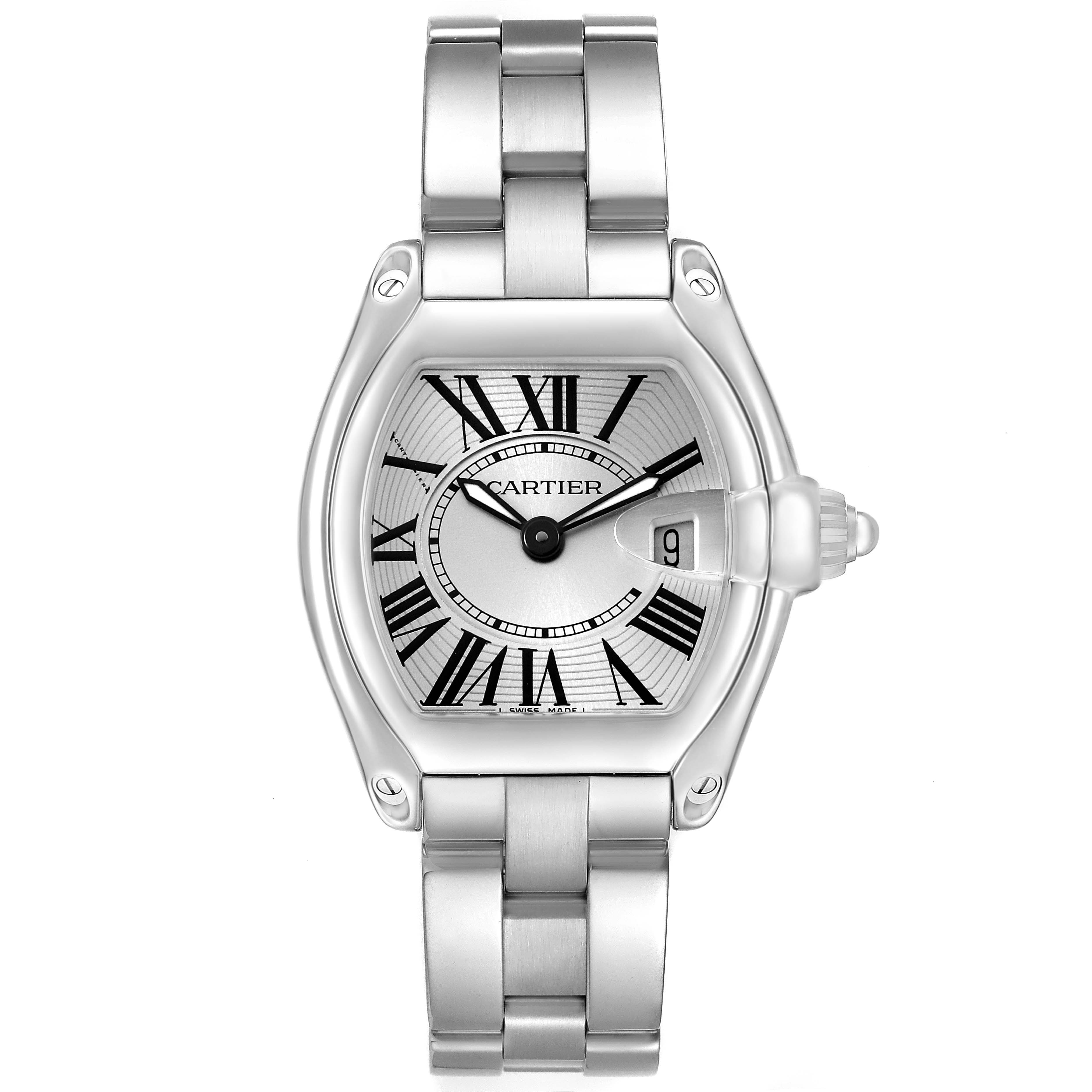 The Cartier Roadster W62016V3 Women's Stainless Steel Silver Dial watch is shown from the front, displaying its face, case, and bracelet.