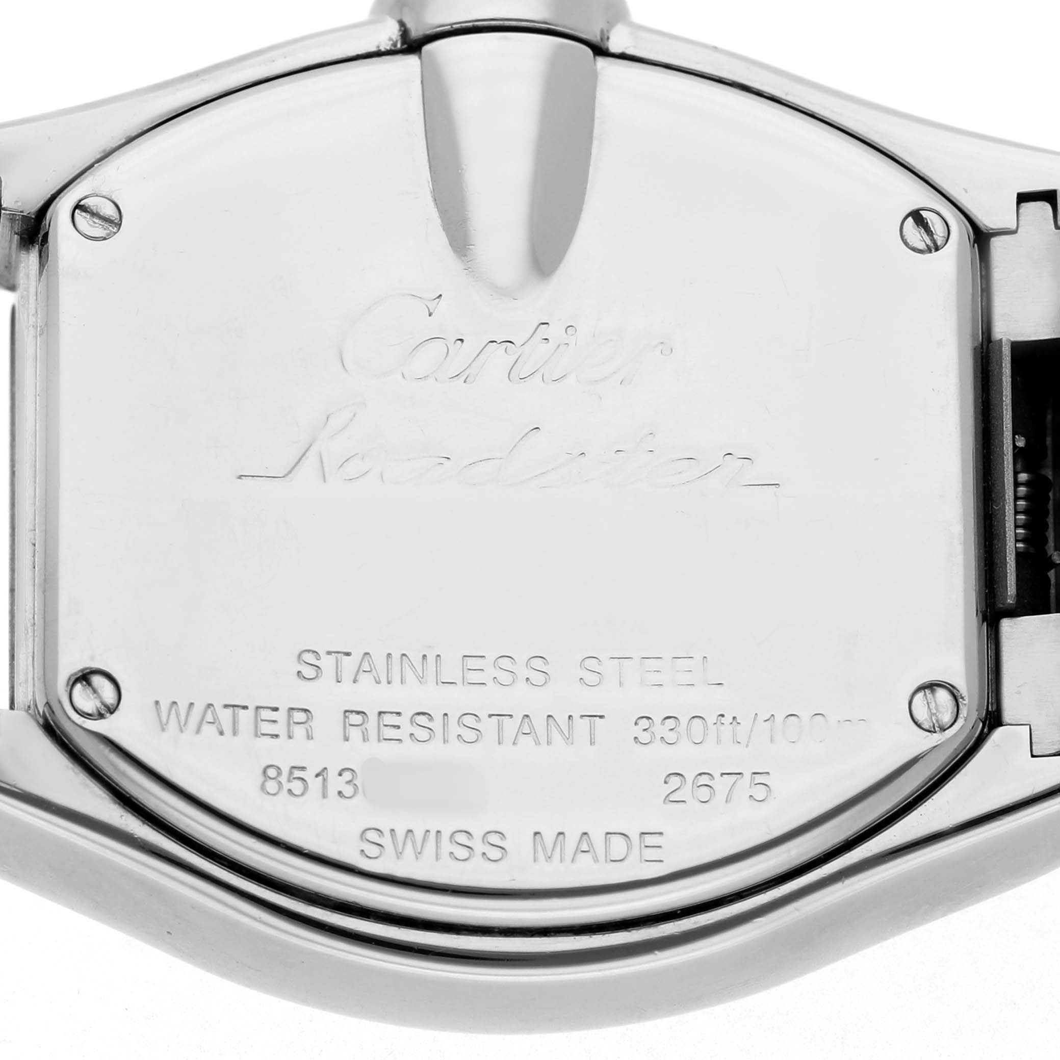 The image shows the back case of the Cartier Roadster W62016V3 Women's Stainless Steel Silver Dial watch, highlighting engraving details.