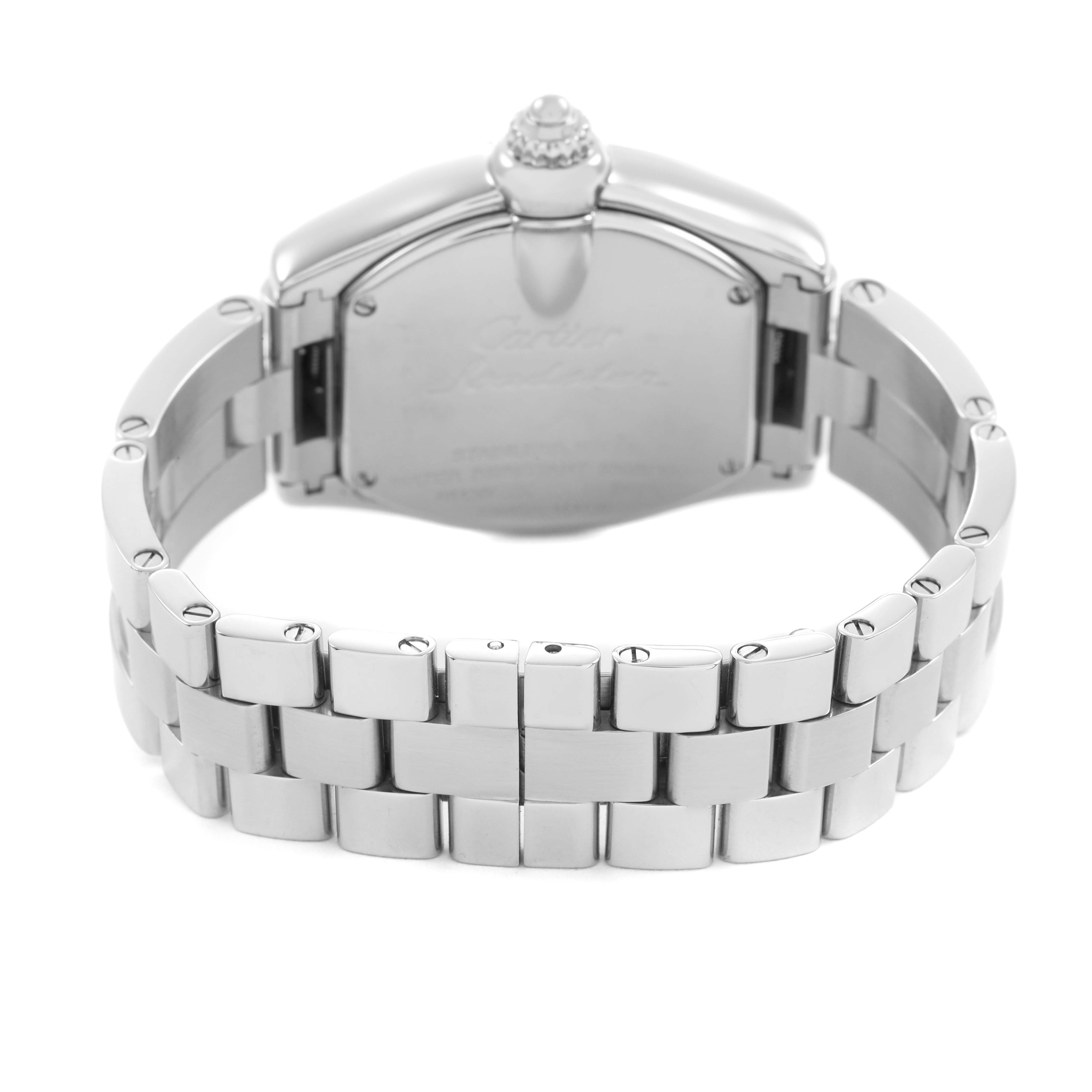 The Cartier Roadster W62016V3 Women's Stainless Steel Silver Dial watch is shown from the back, highlighting the bracelet and case back.