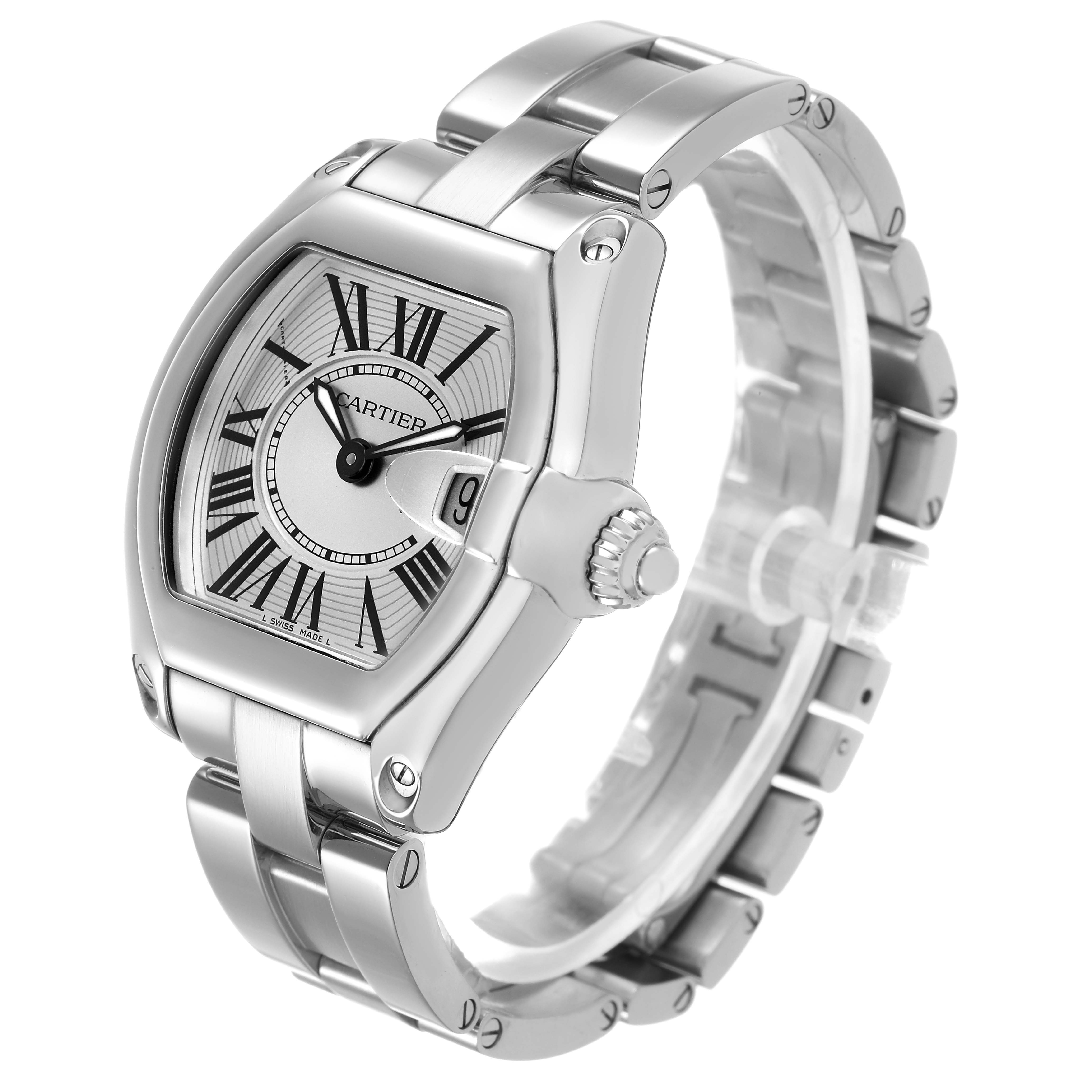 The Cartier Roadster W62016V3 Women's Stainless Steel Silver Dial watch is shown at a slight angle, highlighting the case, dial, bracelet, and crown.