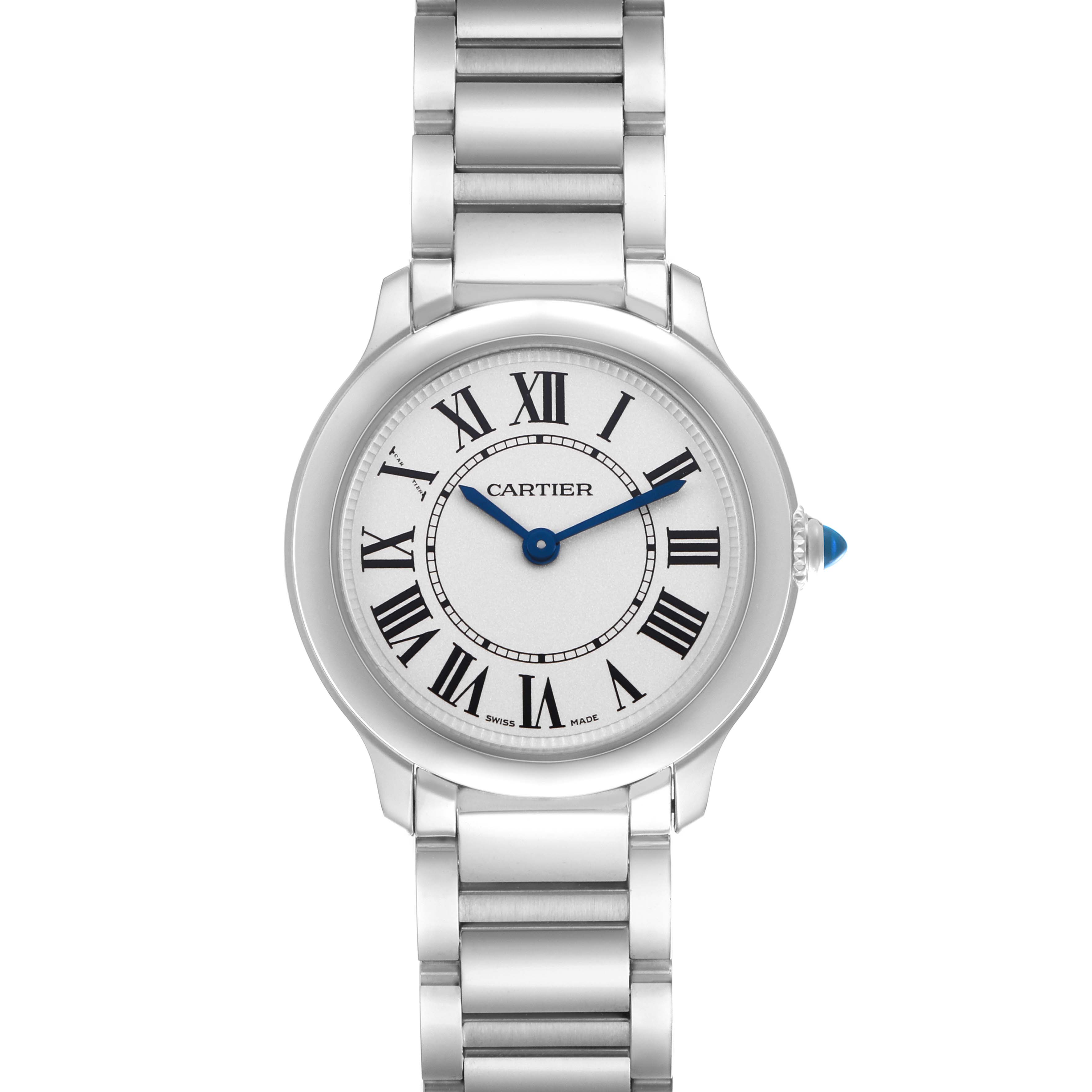 The Cartier Ronde WSRN0033 Women's Stainless Steel Silver Dial watch is shown from a front angle, displaying the dial, hands, and bracelet.