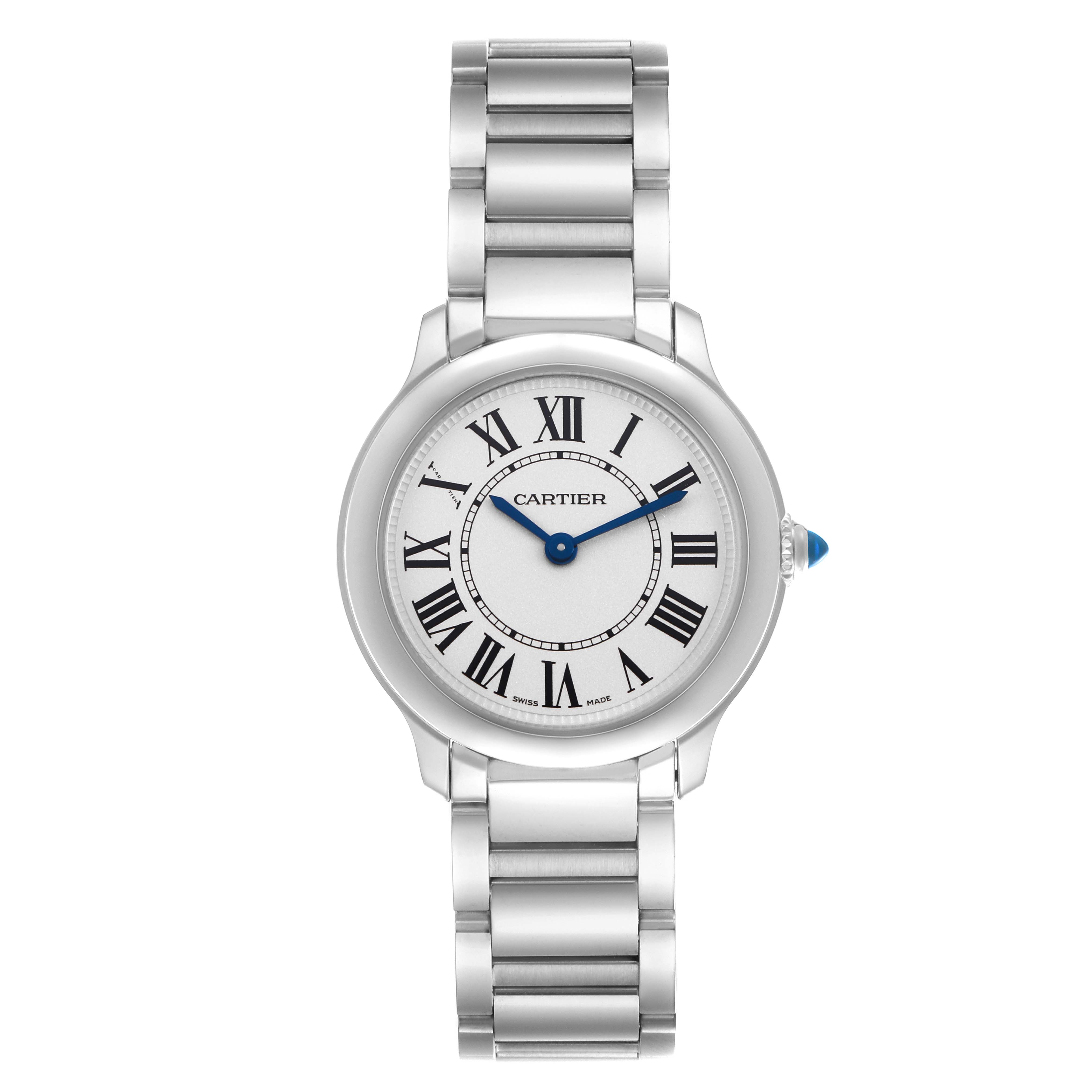 The Cartier Ronde WSRN0033 Women's Stainless Steel Silver Dial watch is shown from the front, displaying the face, Roman numerals, blue hands, and metal bracelet.