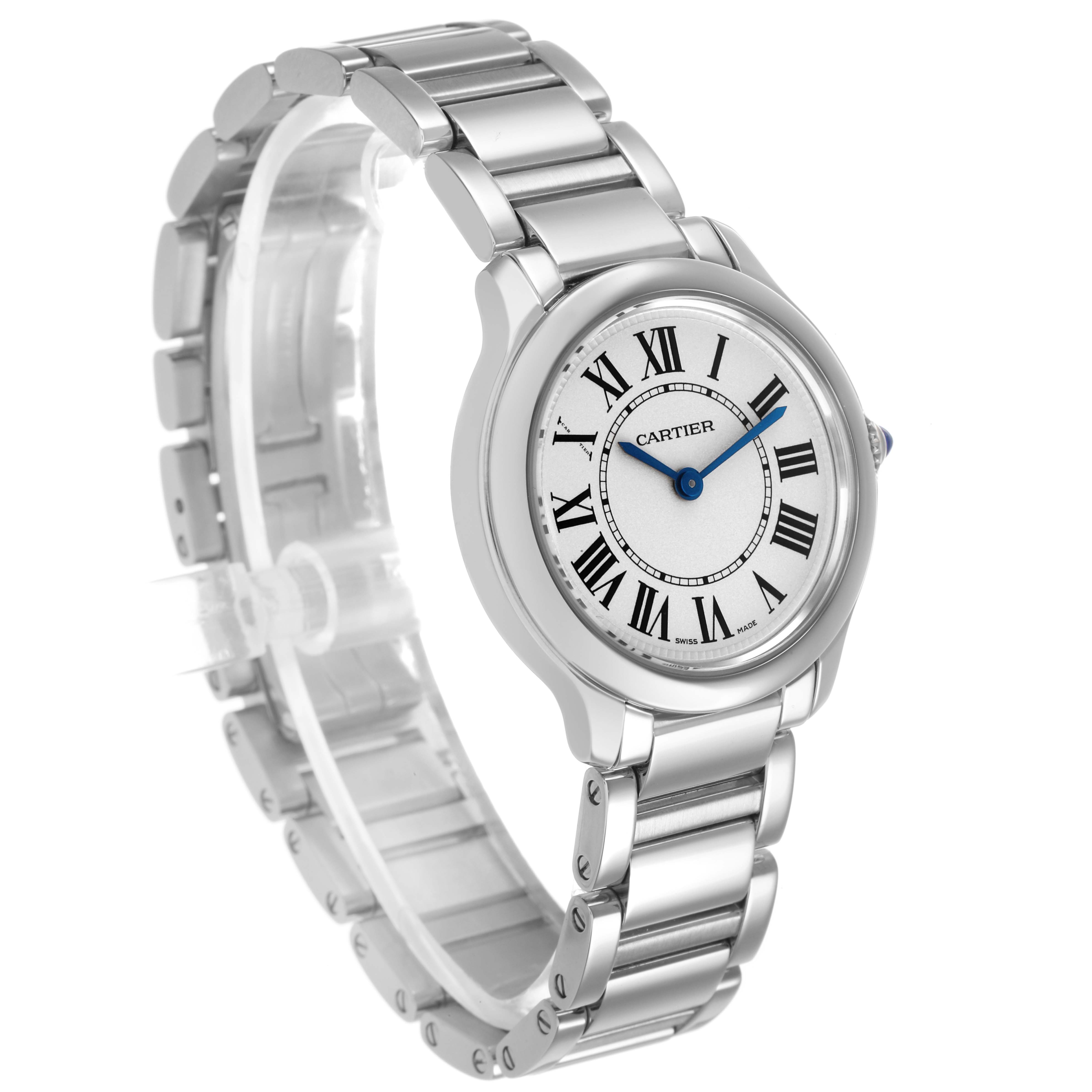 The Cartier Ronde WSRN0033 Women's Stainless Steel Silver Dial watch is shown at a three-quarter angle, displaying the dial, bezel, crown, and metal bracelet.