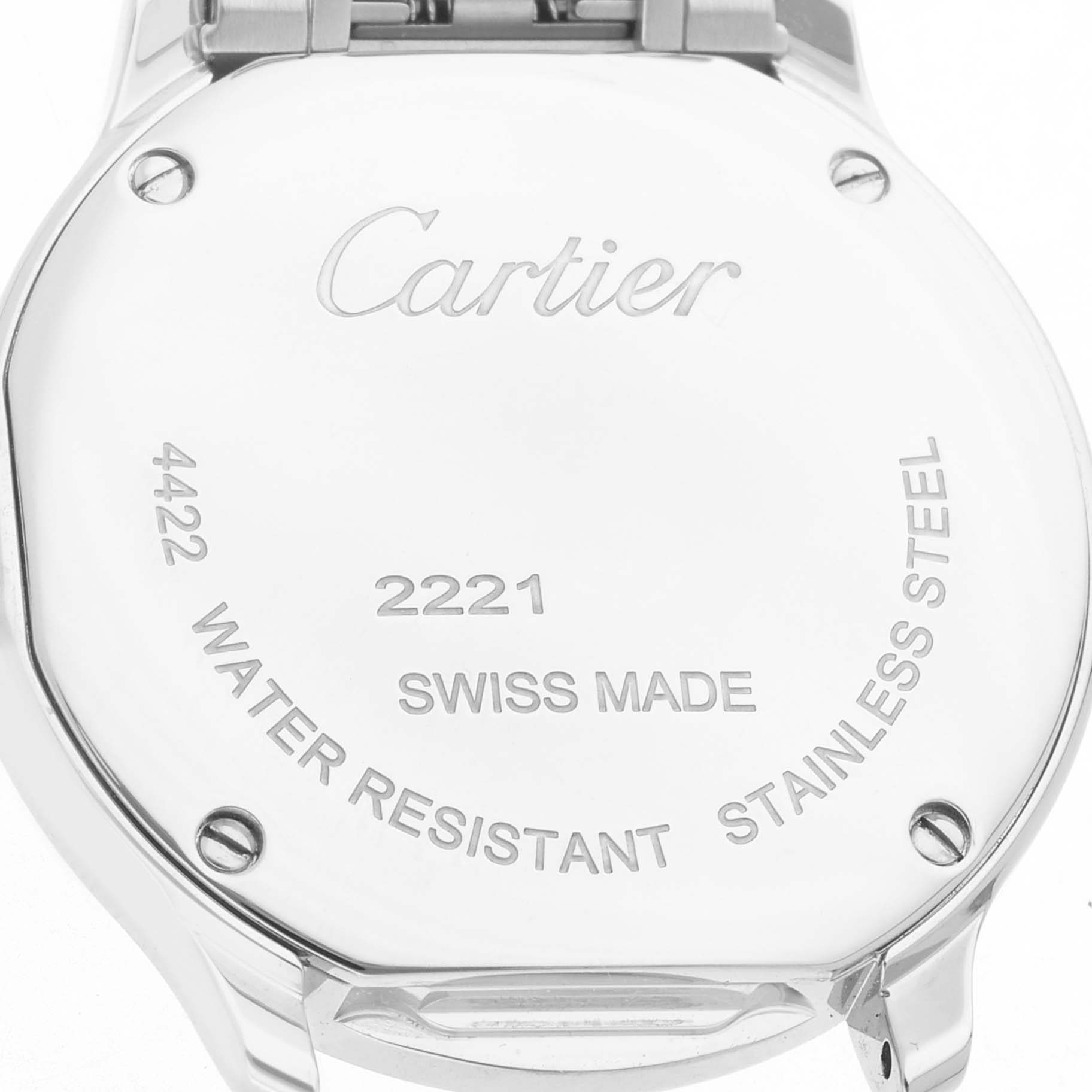 This image shows the back case of the Cartier Ronde WSRN0033 Women's Stainless Steel Silver Dial watch, highlighting the brand, model number, and material details.