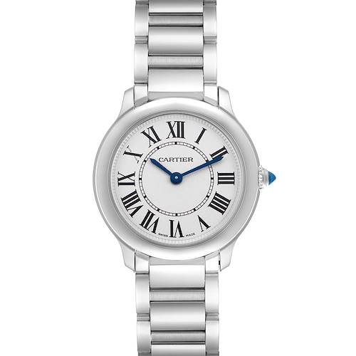 The Cartier Ronde WSRN0033 Women's Stainless Steel Silver Dial watch is shown from the front, highlighting the face, bracelet, and crown with a blue gemstone.