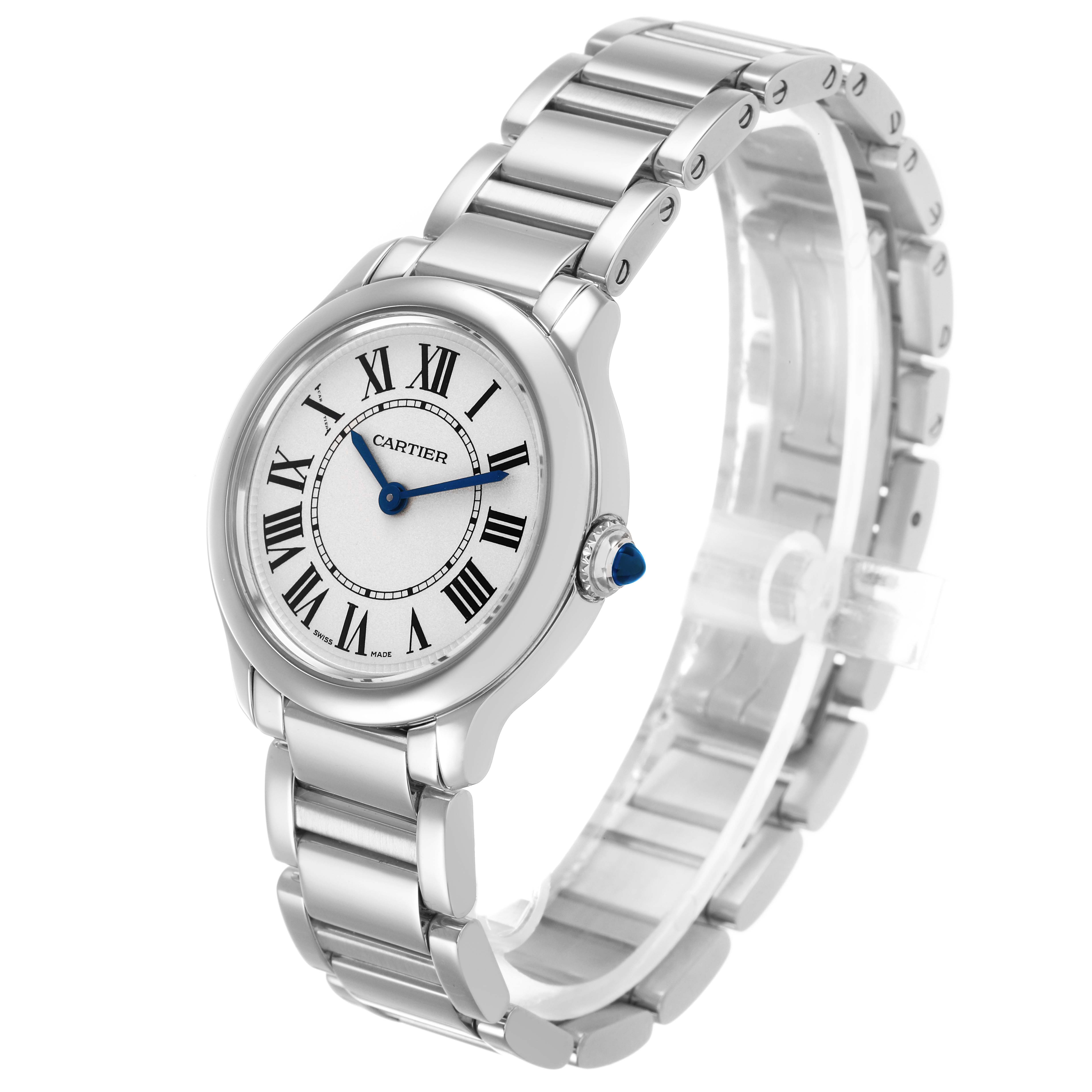 The Cartier Ronde WSRN0033 Women's Stainless Steel Silver Dial watch is shown at a three-quarter angle, displaying the face, crown, and bracelet.