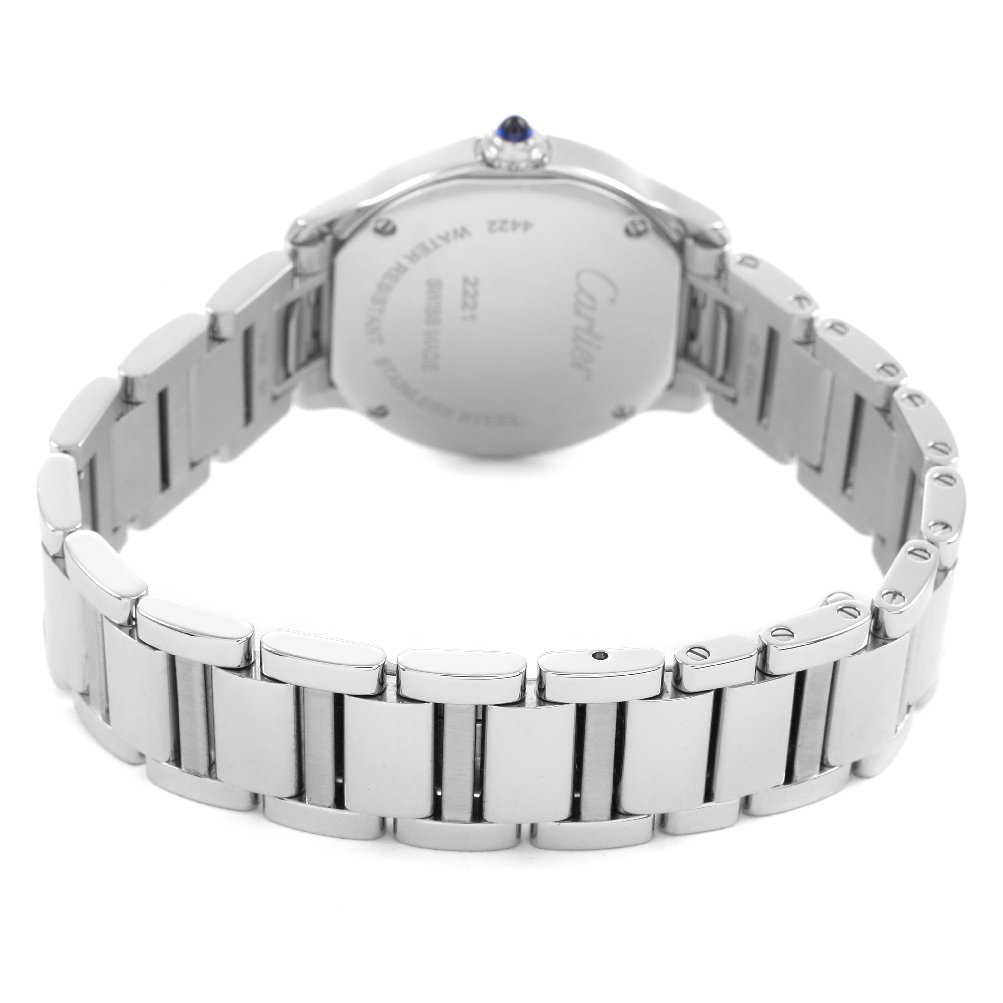 The image shows the back of a Cartier Ronde WSRN0033 Women's Stainless Steel Silver Dial watch, highlighting its metal bracelet and engraved case back.