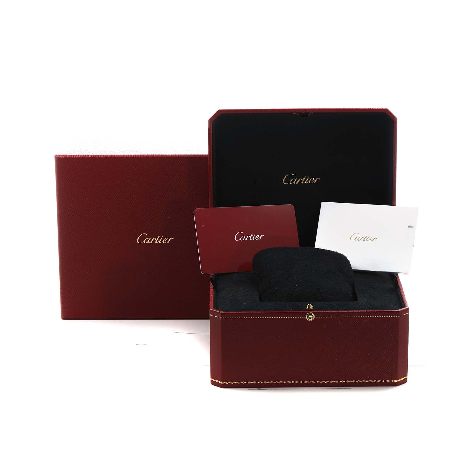 The image shows the packaging for a Cartier Ronde WSRN0033 Women's Stainless Steel Silver Dial model watch, including the box, pillow, and accompanying documents.
