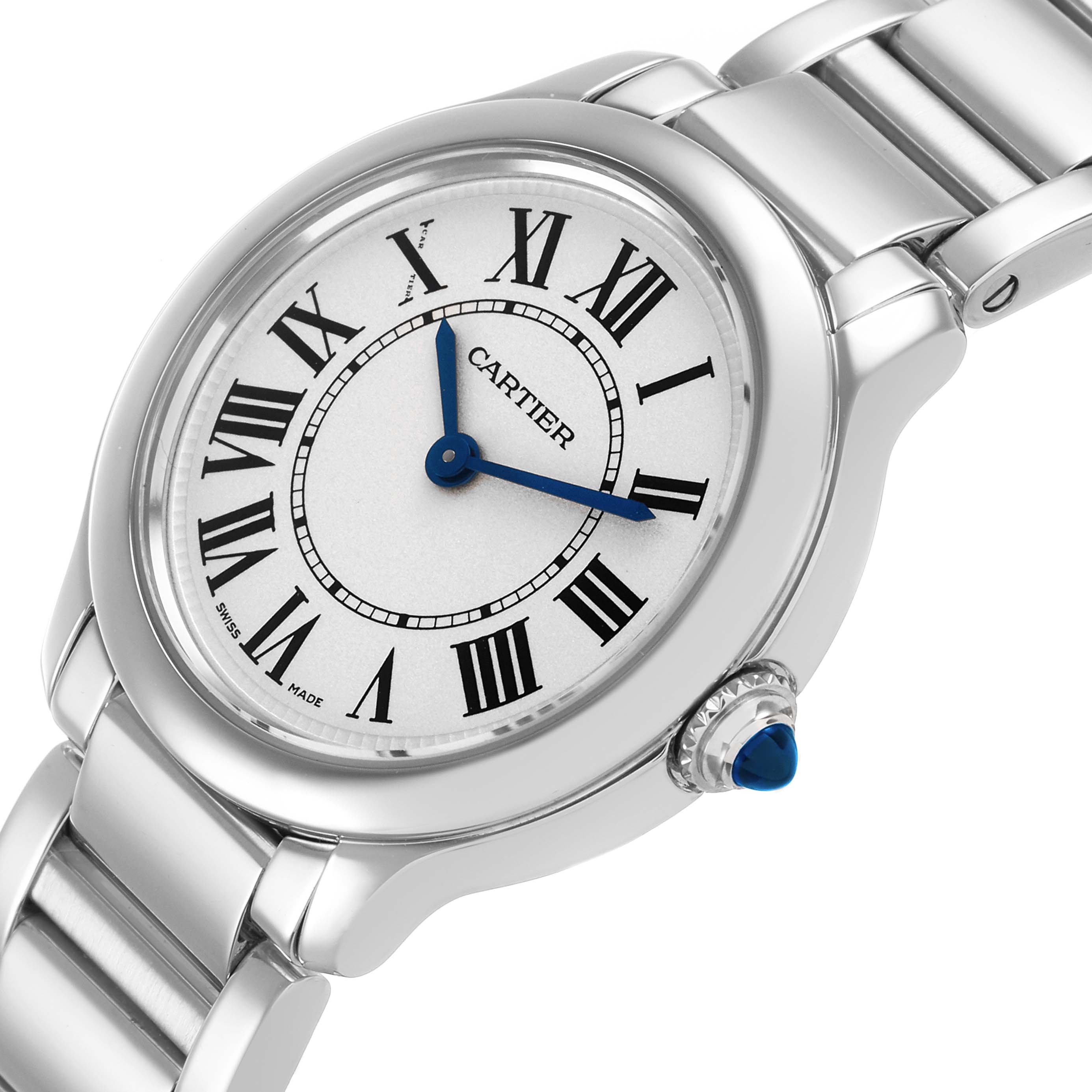 The Cartier Ronde WSRN0033 Women's Stainless Steel Silver Dial watch is shown at a slight angle, highlighting the face, bracelet, and crown with its signature blue cabochon.