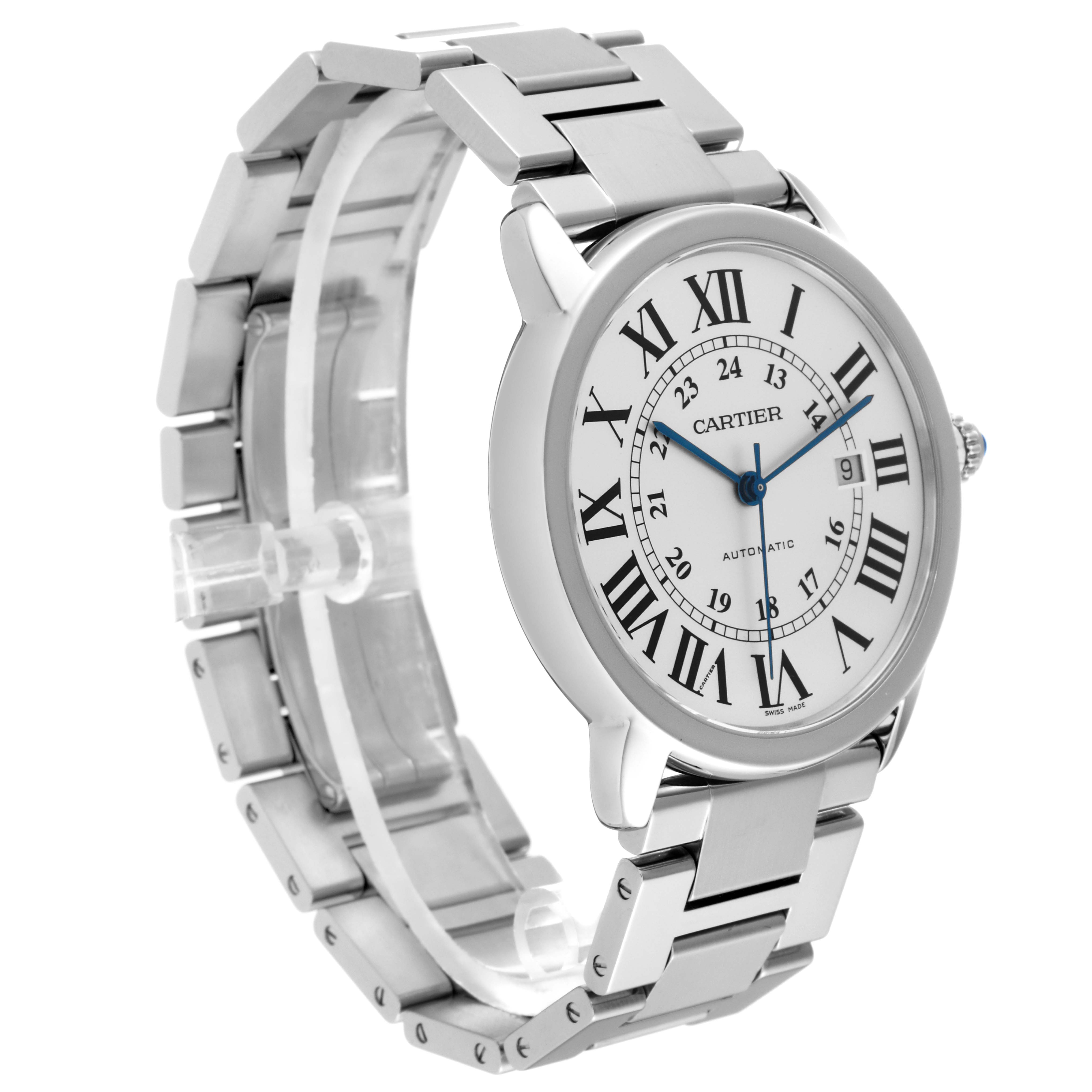 This image shows a Cartier Ronde W6701011 Men
s Stainless Steel Silver Dial W6701011 Men
s Stainless Steel Silver Dial watch from a three-quarter angle, displaying its face, bezel, and metal bracelet.