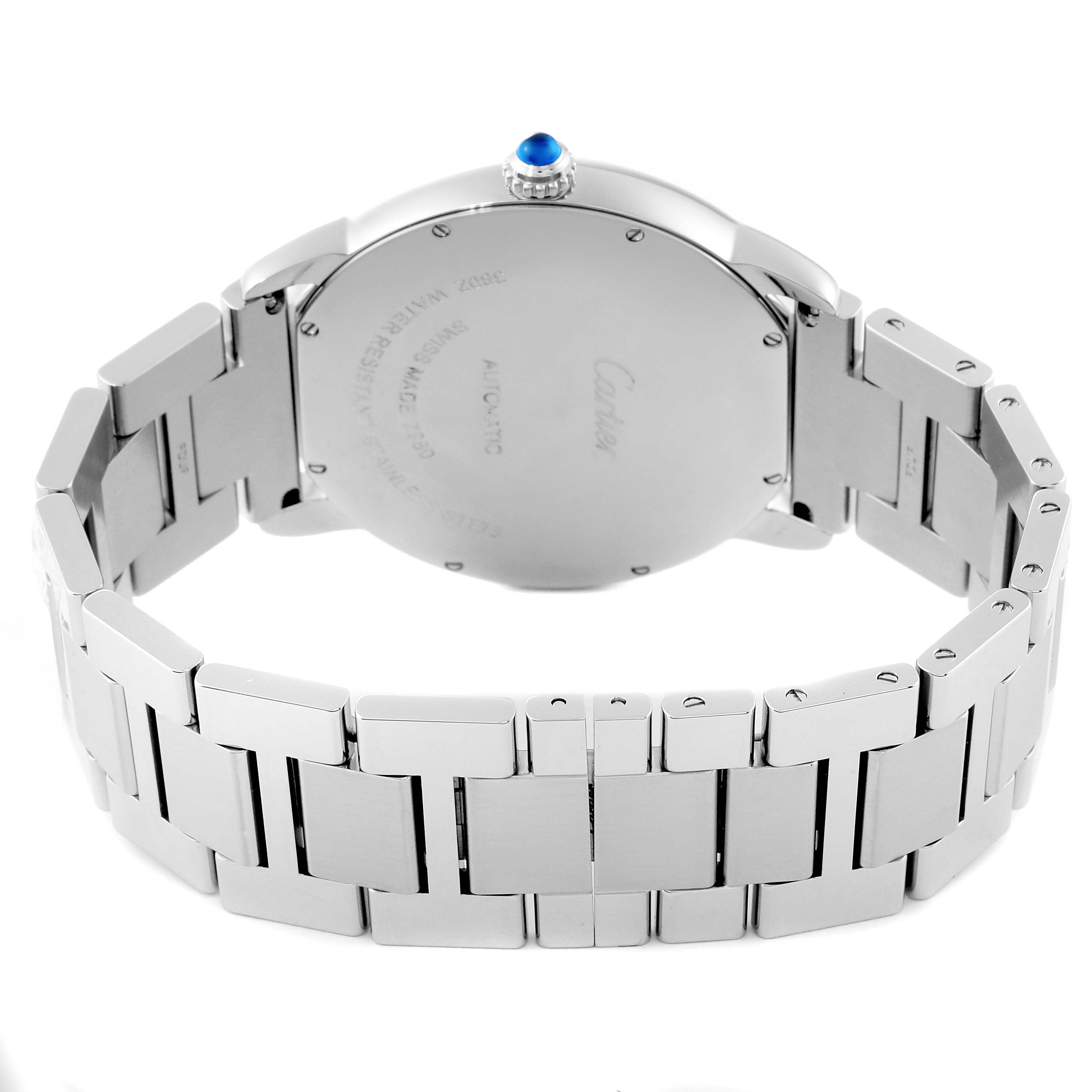 The image shows the backside of a Cartier Ronde W6701011 Men
s Stainless Steel Silver Dial W6701011 Men
s Stainless Steel Silver Dial watch, featuring the case back, crown, and metal bracelet.