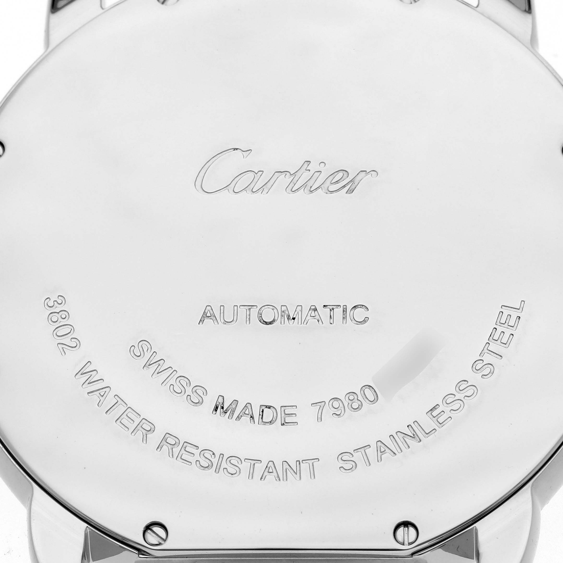 This image shows the back case of the Cartier Ronde W6701011 Men
s Stainless Steel Silver Dial W6701011 Men
s Stainless Steel Silver Dial model watch, displaying engravings for specifications and branding.
