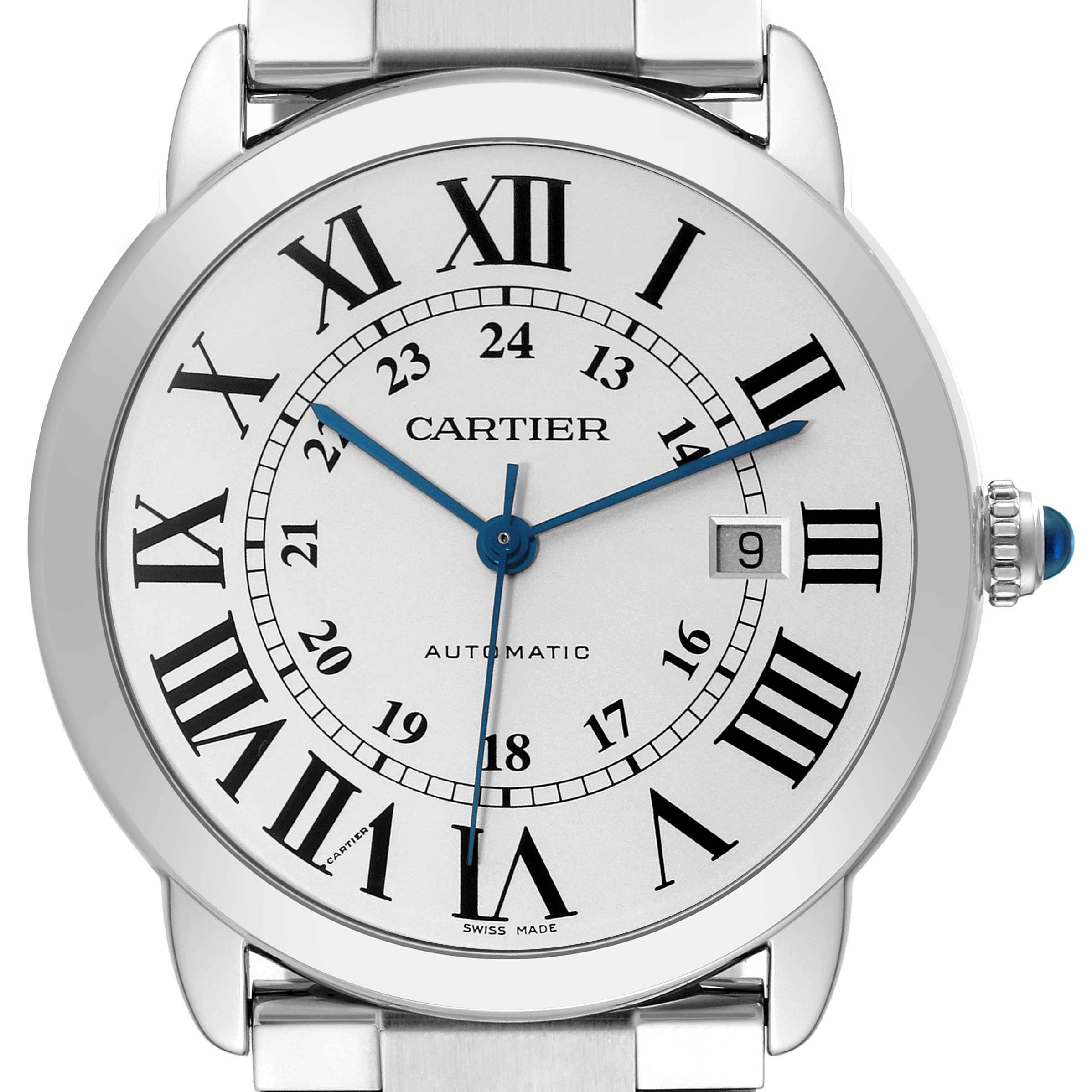 This image shows a close-up of the Cartier Ronde W6701011 Men
s Stainless Steel Silver Dial W6701011 Men
s Stainless Steel Silver Dial model watch, highlighting its face, Roman numerals, date window, and crown.