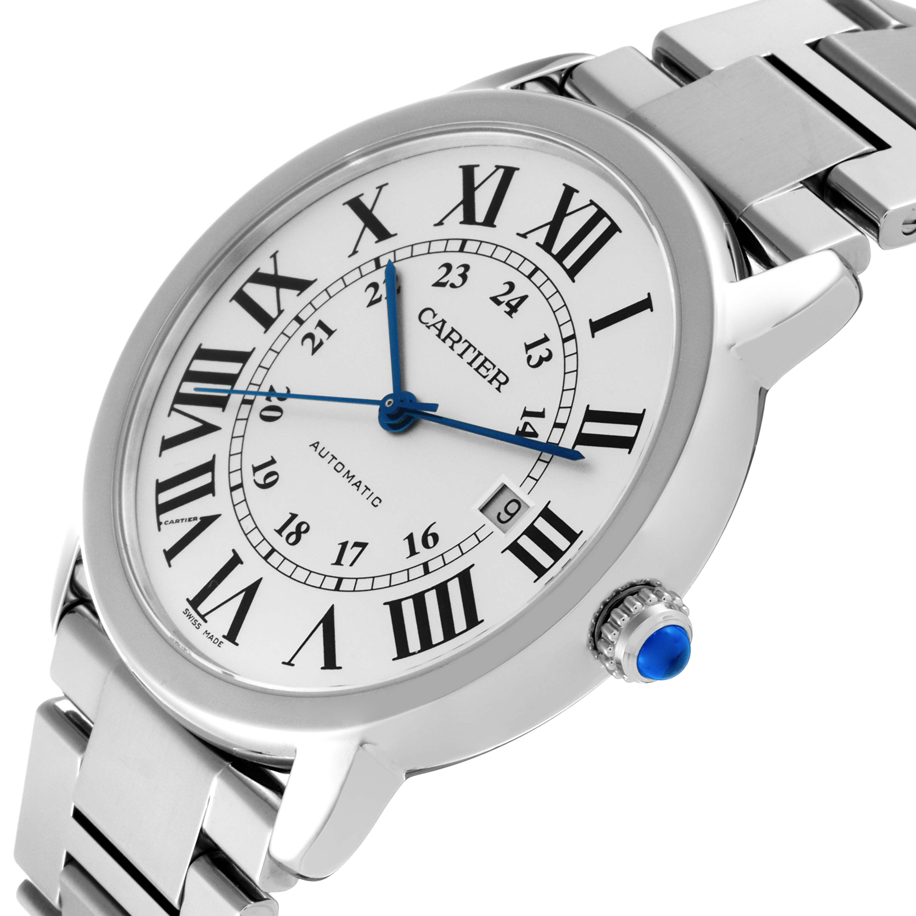 The image shows a close-up angled view of the Cartier Ronde W6701011 Men
s Stainless Steel Silver Dial W6701011 Men
s Stainless Steel Silver Dial watch, highlighting the face, bezel, crown, and part of the bracelet.
