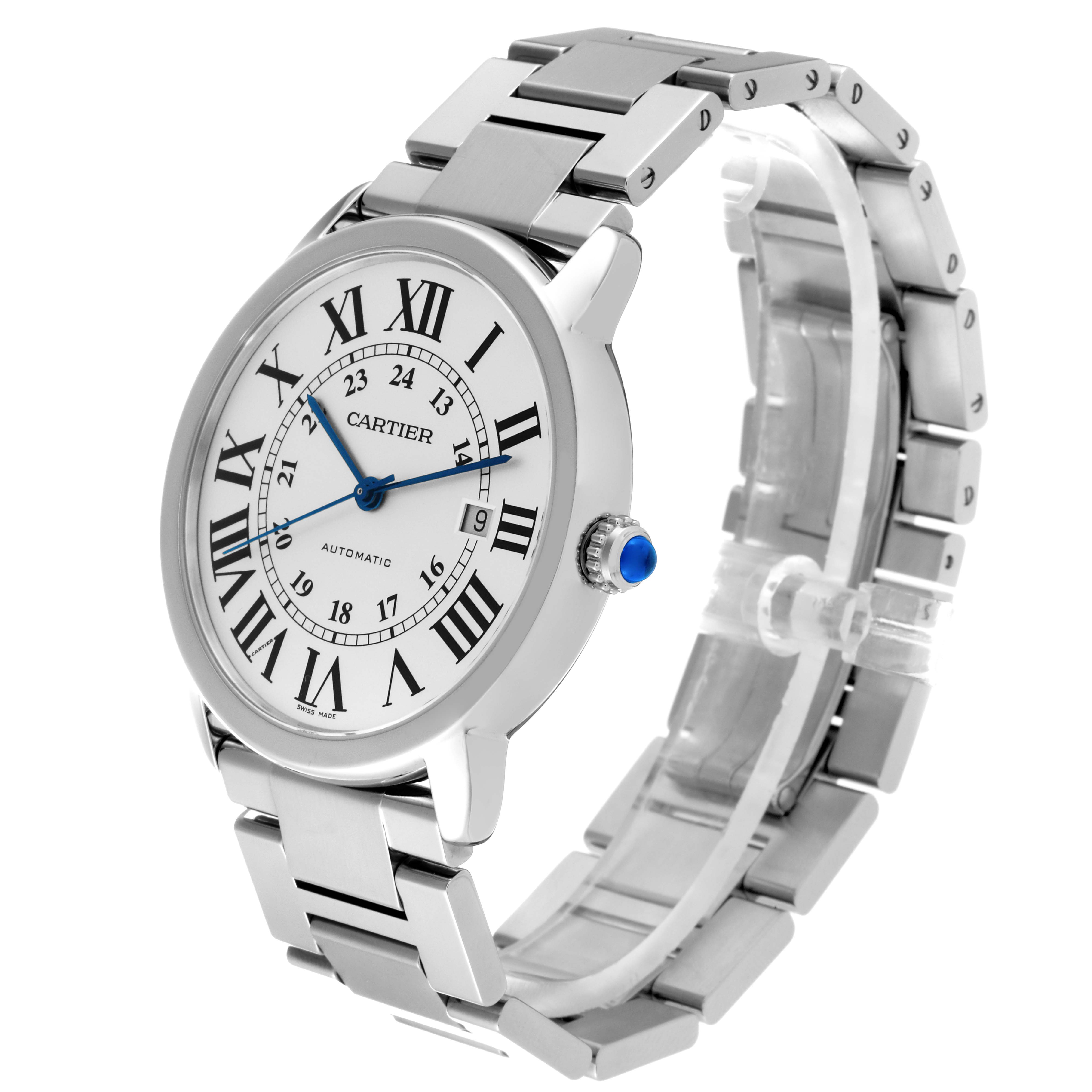 The image shows a Cartier Ronde W6701011 Men
s Stainless Steel Silver Dial W6701011 Men
s Stainless Steel Silver Dial model watch at an angled side view, highlighting its face, bracelet, and crown.