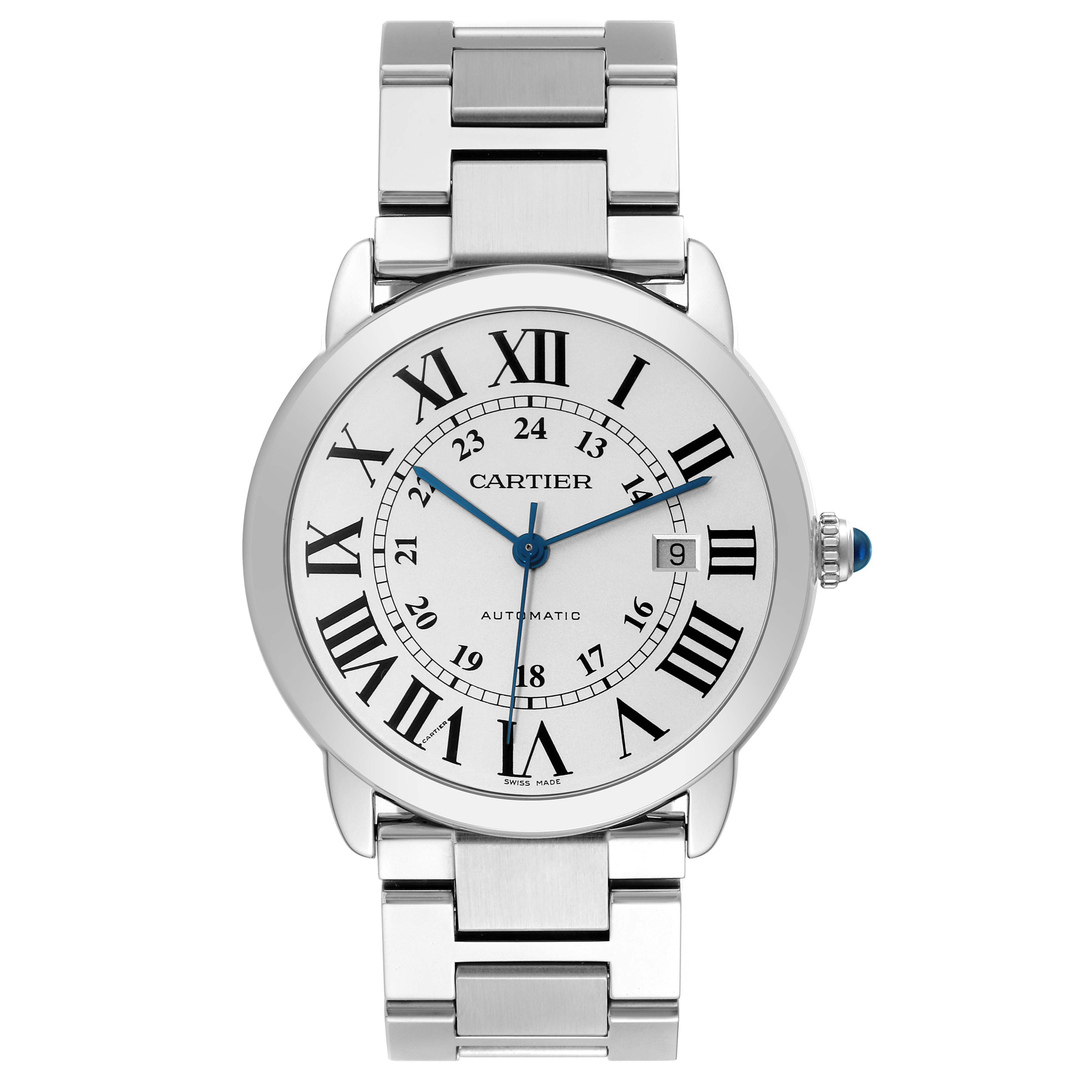 This image shows a Cartier Ronde W6701011 Men
s Stainless Steel Silver Dial W6701011 Men
s Stainless Steel Silver Dial model watch from a front angle, showcasing the face, band, and crown.