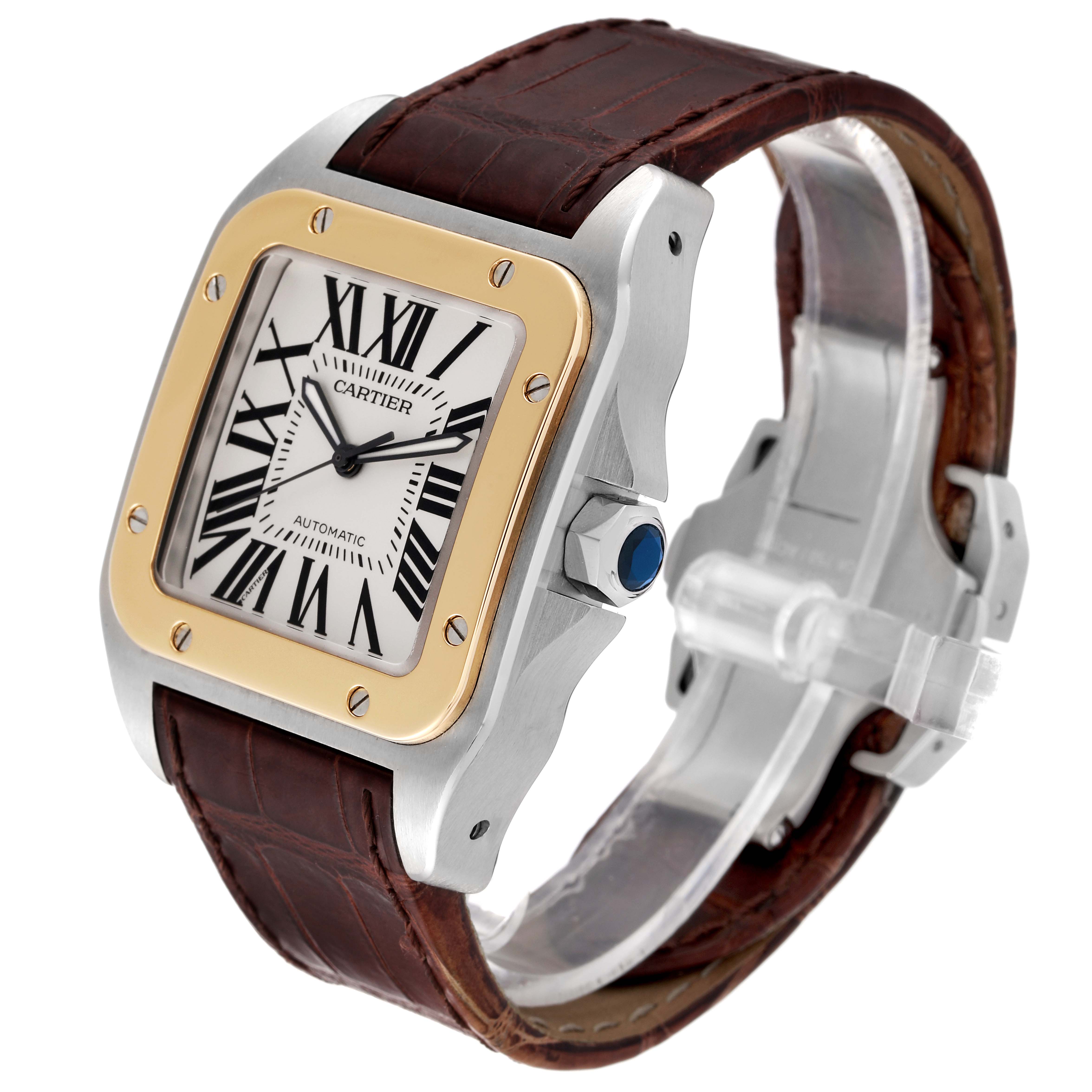 The Cartier Santos W20072X7 Men's Steel and Gold (two tone) Silver Dial W20072X7 Men's Steel and Gold (two tone) Silver Dial watch is shown at a three-quarter angle, highlighting its dial, bezel, case, and leather strap.