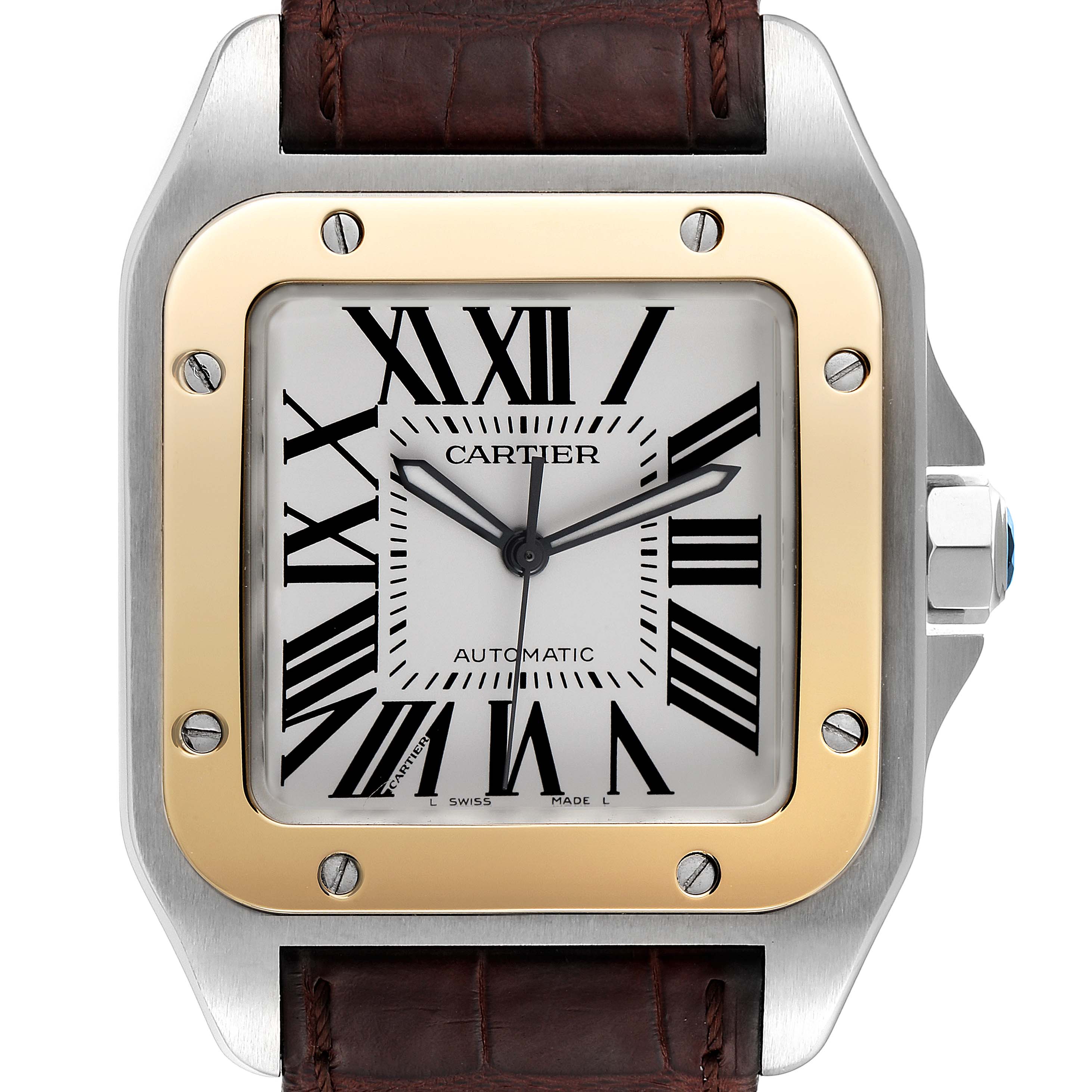 This close-up image shows the dial and bezel of the Cartier Santos W20072X7 Men's Steel and Gold (two tone) Silver Dial W20072X7 Men's Steel and Gold (two tone) Silver Dial watch, featuring a square face with Roman numerals and a leather strap.
