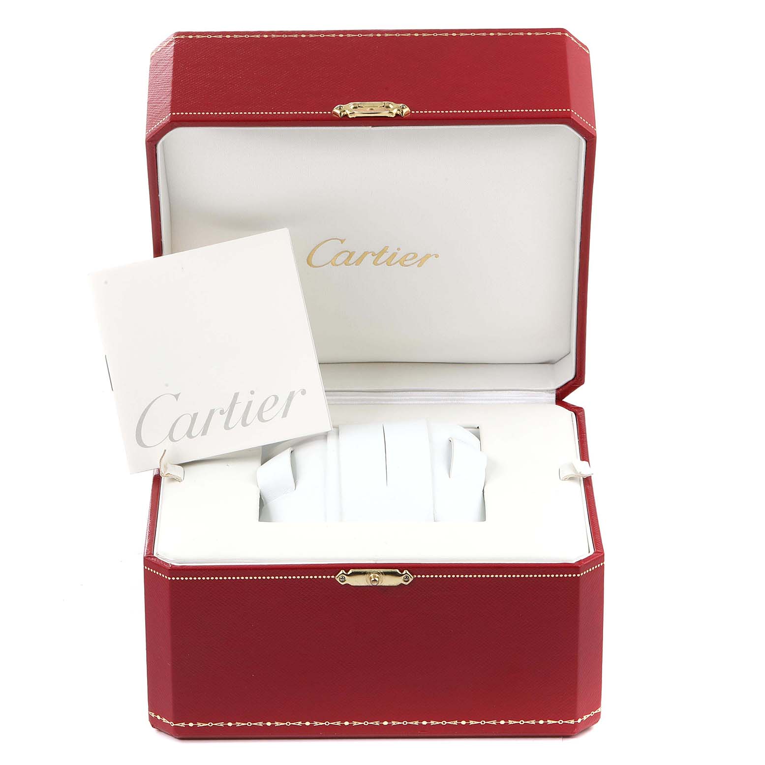 The image shows an open red Cartier box with a Santos model watch cushion and documentation inside.