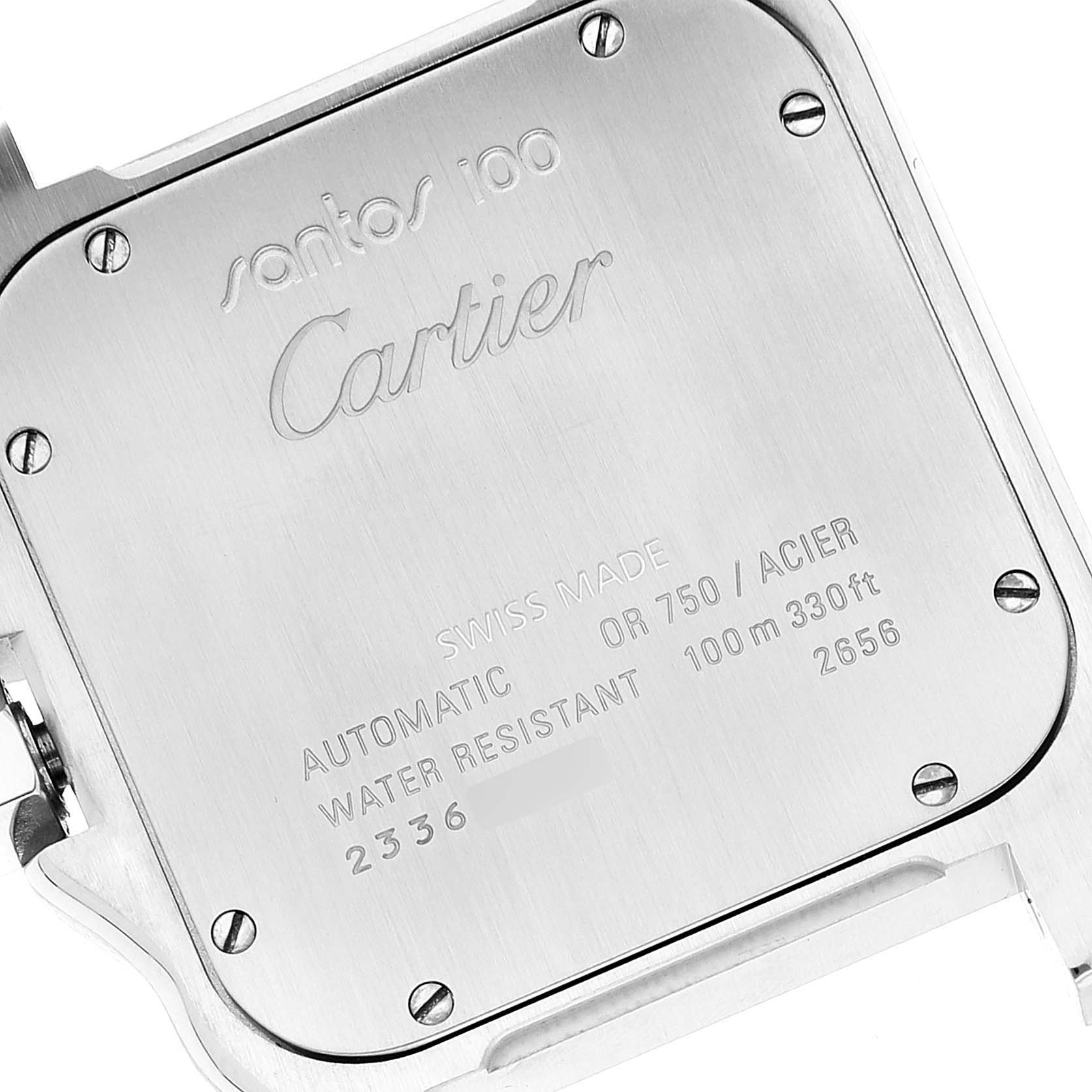 The image shows the back casing of a Santos model watch by Cartier, displaying its engravings and screws.