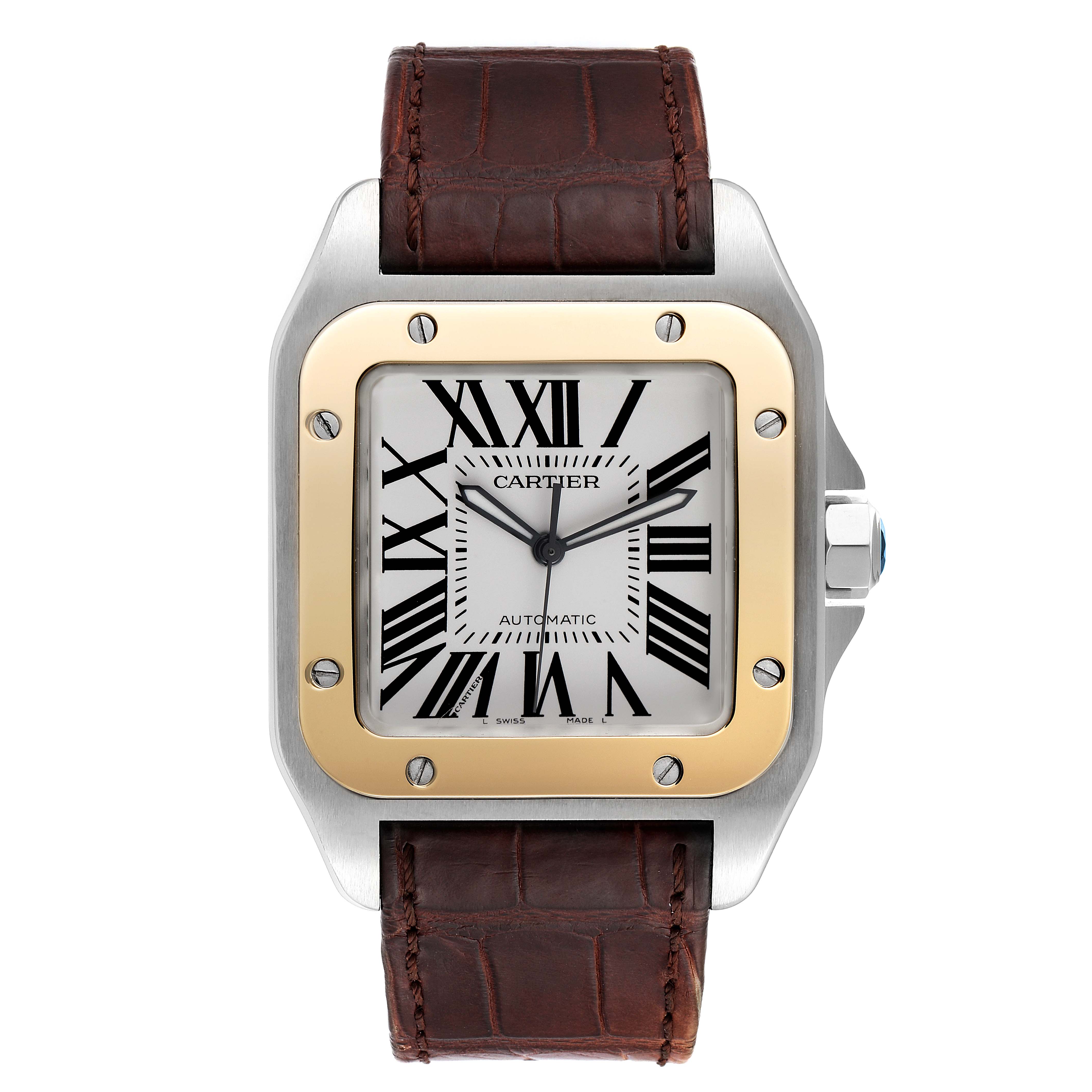 The image shows a front view of a Santos model by Cartier, featuring its dial, case, and brown leather strap.