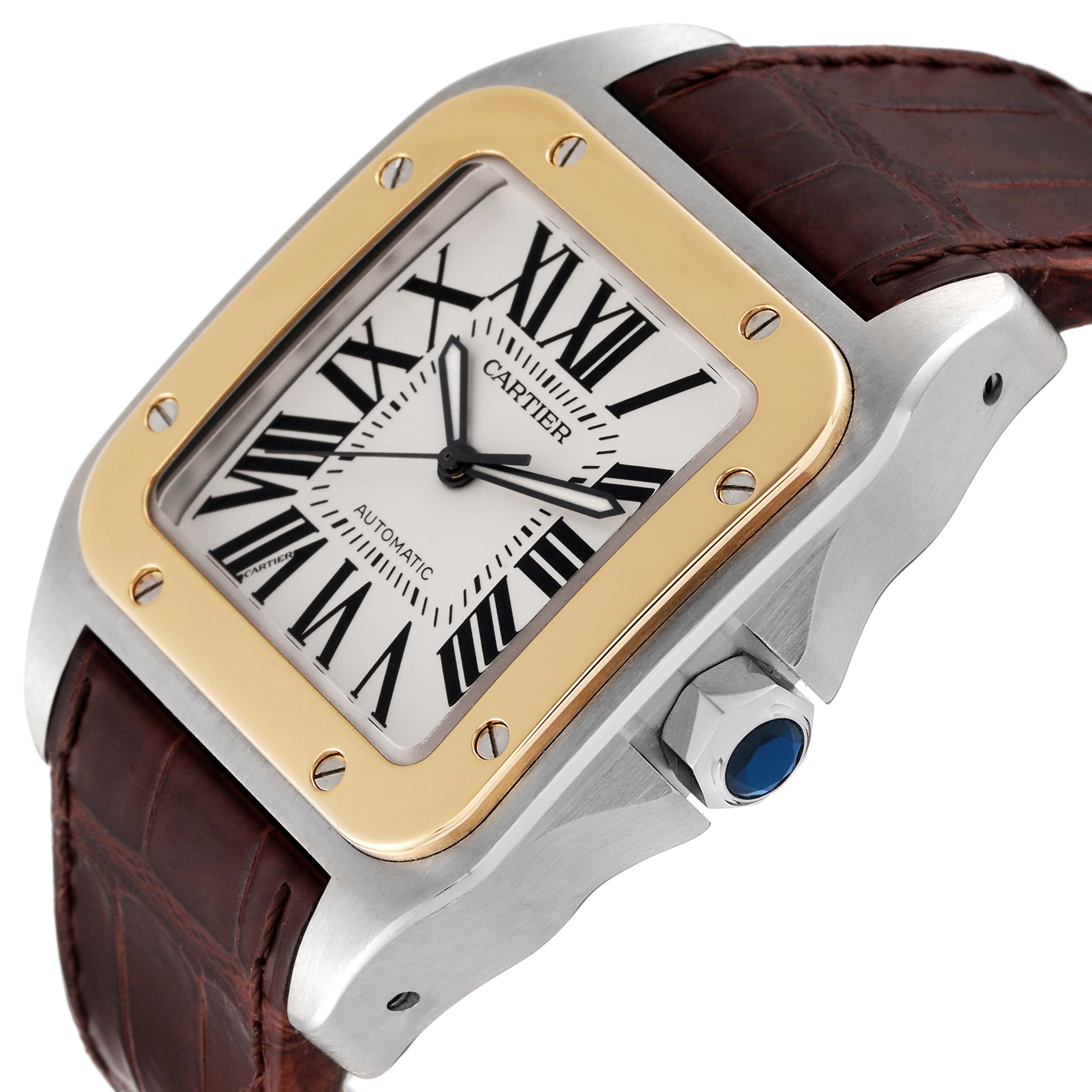 This image shows a close-up angle of the Santos de Cartier watch, highlighting the dial, bezel, crown, and leather strap.