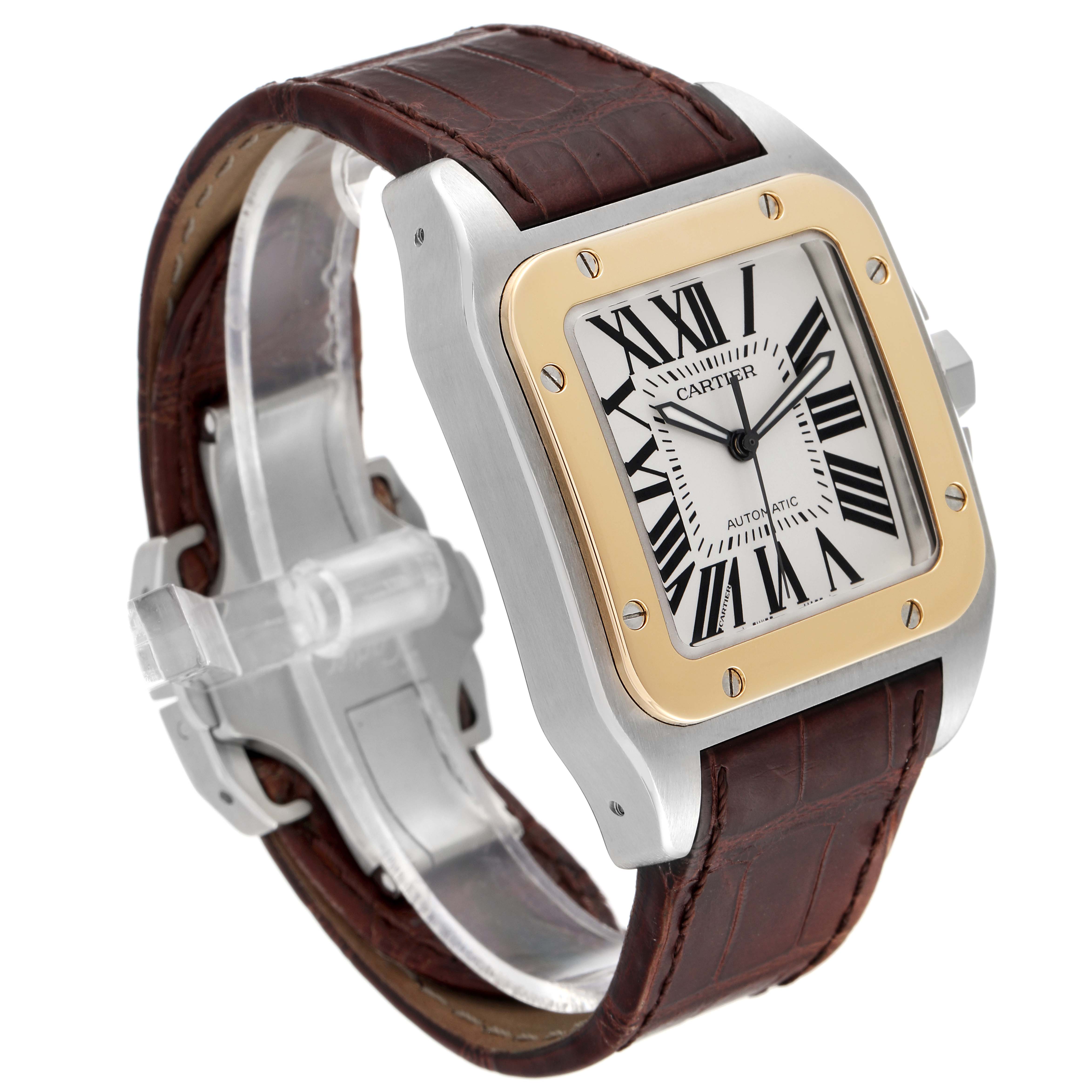The Cartier Santos W20072X7 Men's Steel and Gold (two tone) Silver Dial W20072X7 Men's Steel and Gold (two tone) Silver Dial watch is shown at an angle highlighting the square face, Roman numerals, and brown leather strap.