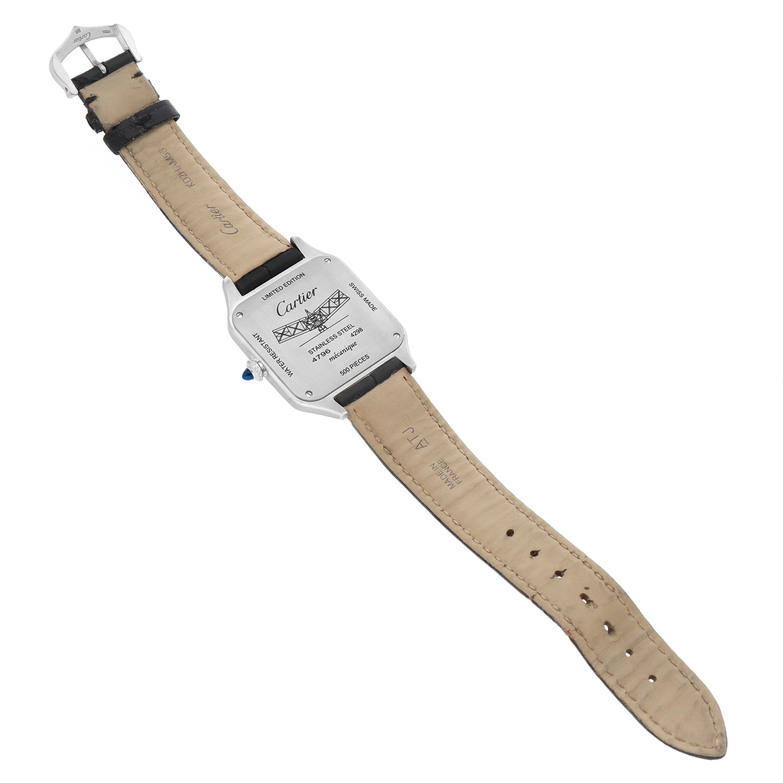 The image shows the back view of a Cartier Santos Dumont W2SA0015 Men's Steel and Gold (two tone) Black Dial watch, displaying the leather strap and case back details.