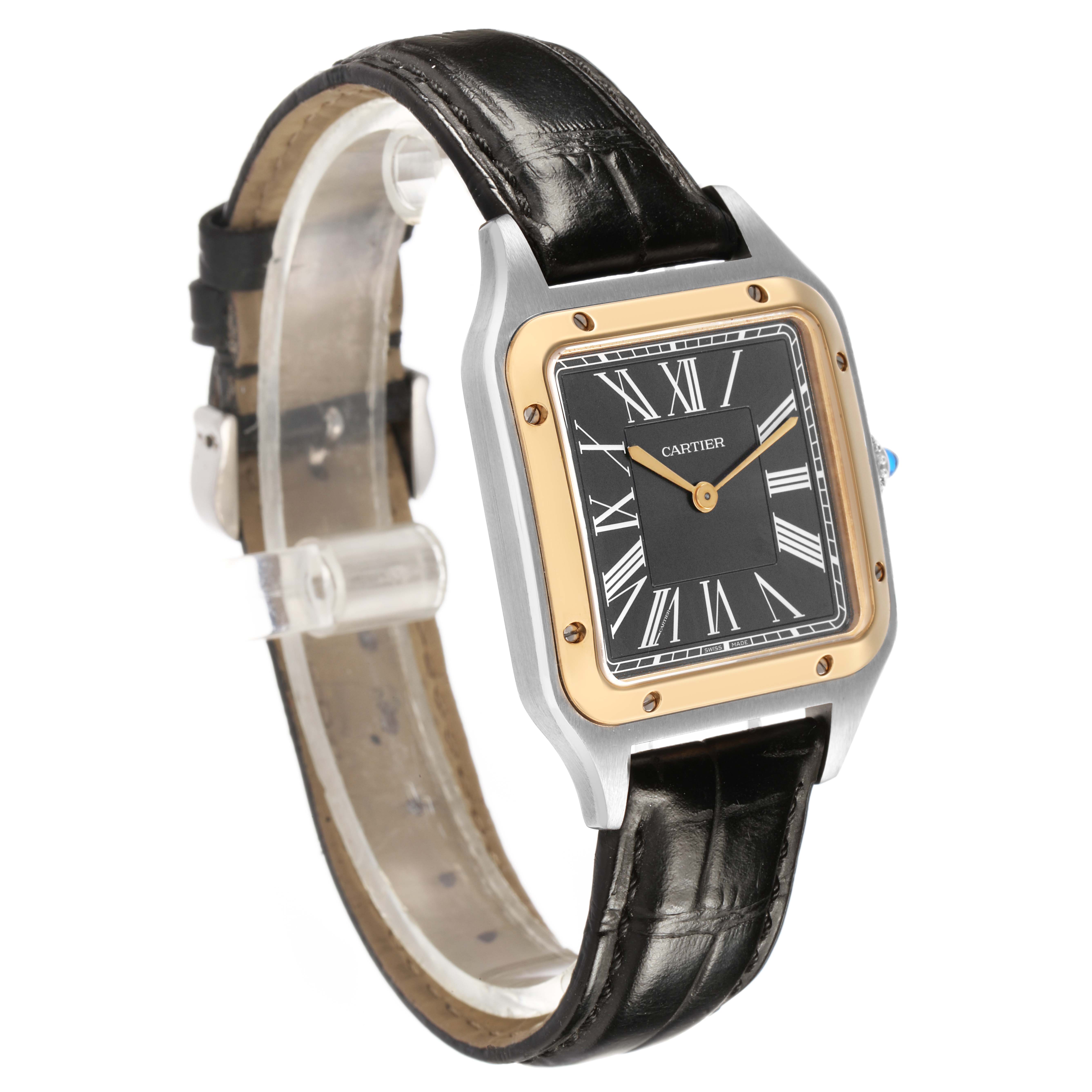 The Cartier Santos Dumont W2SA0015 Men's Steel and Gold (two tone) Black Dial watch is shown at an angled side view, highlighting the face, bezel, and strap.