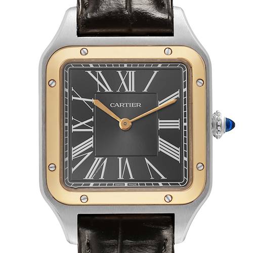 The Cartier Santos Dumont W2SA0015 Men's Steel and Gold (two tone) Black Dial watch is shown from the front, highlighting its dial, bezel, and crown.