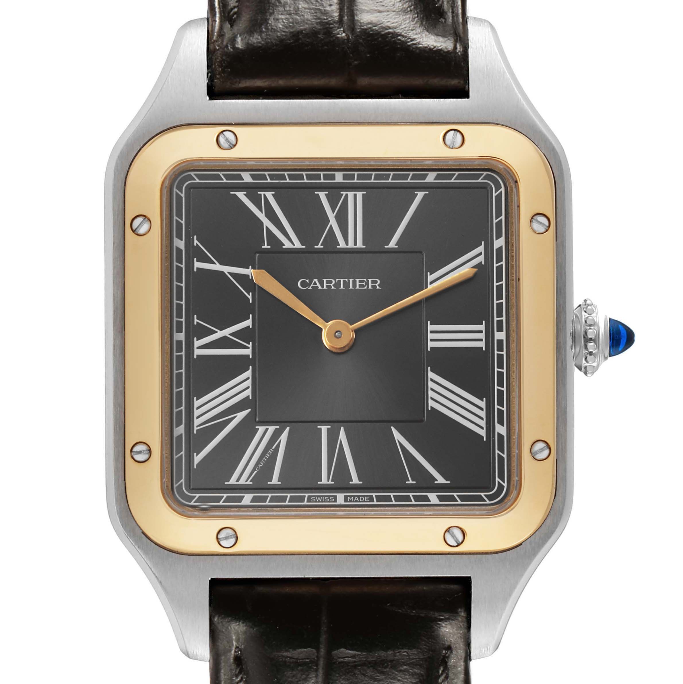 The Cartier Santos Dumont W2SA0015 Men's Steel and Gold (two tone) Black Dial watch is shown from a front angle, highlighting the face, bezel, and crown.
