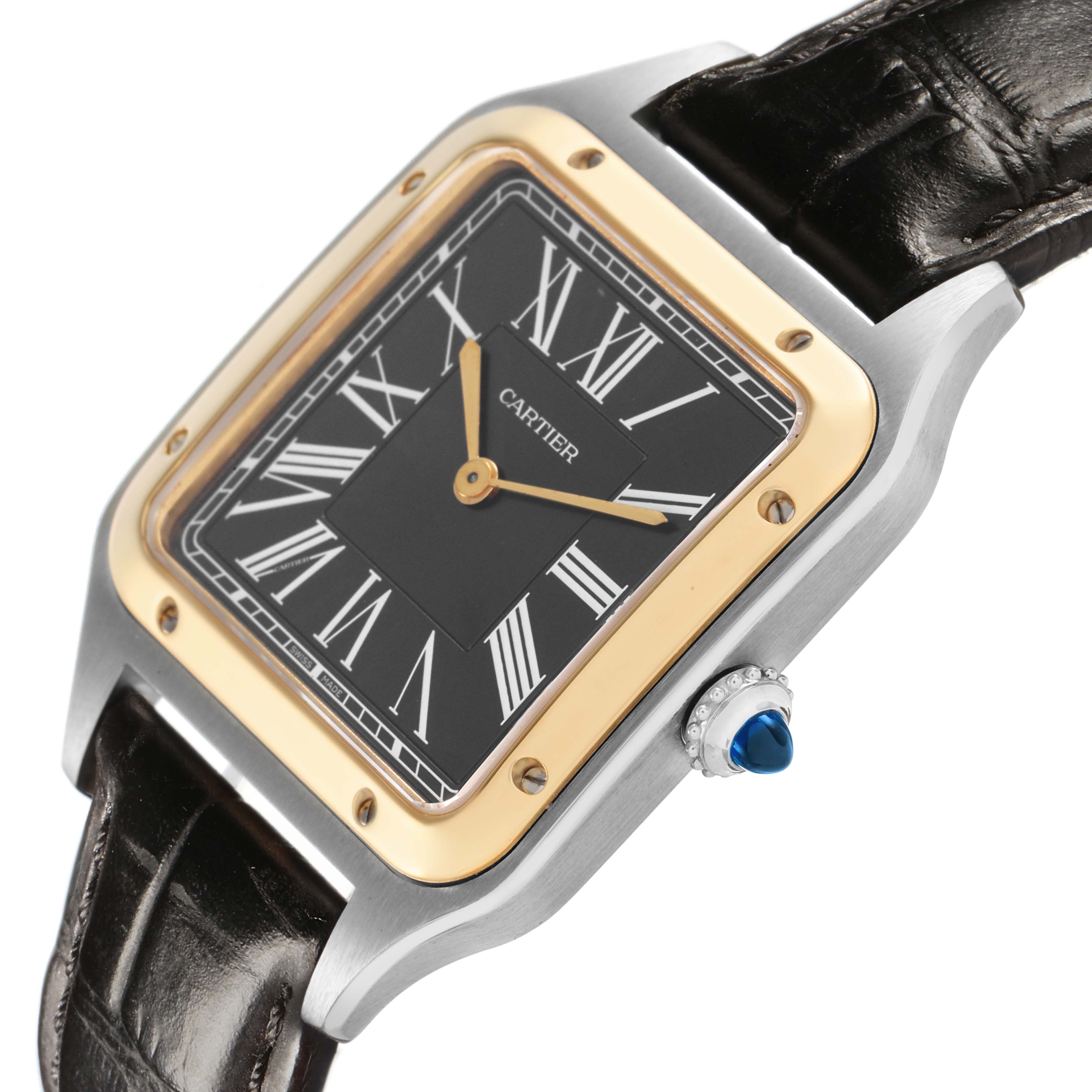 The Cartier Santos Dumont W2SA0015 Men's Steel and Gold (two tone) Black Dial watch is shown at an angle highlighting the dial, crown, and leather strap.
