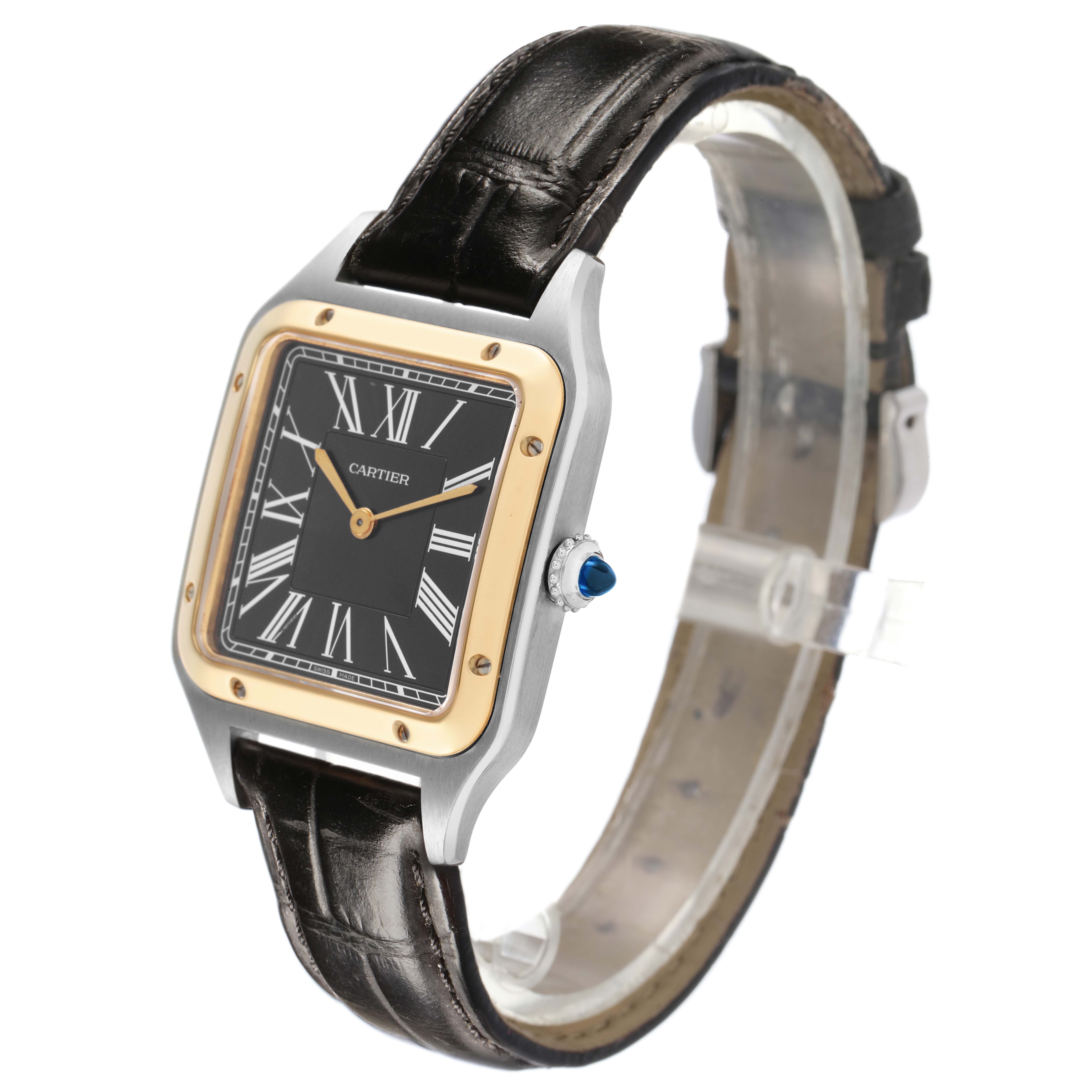 The Cartier Santos Dumont W2SA0015 Men's Steel and Gold (two tone) Black Dial watch is shown at an angled side view, displaying the dial, bezel, and crown.