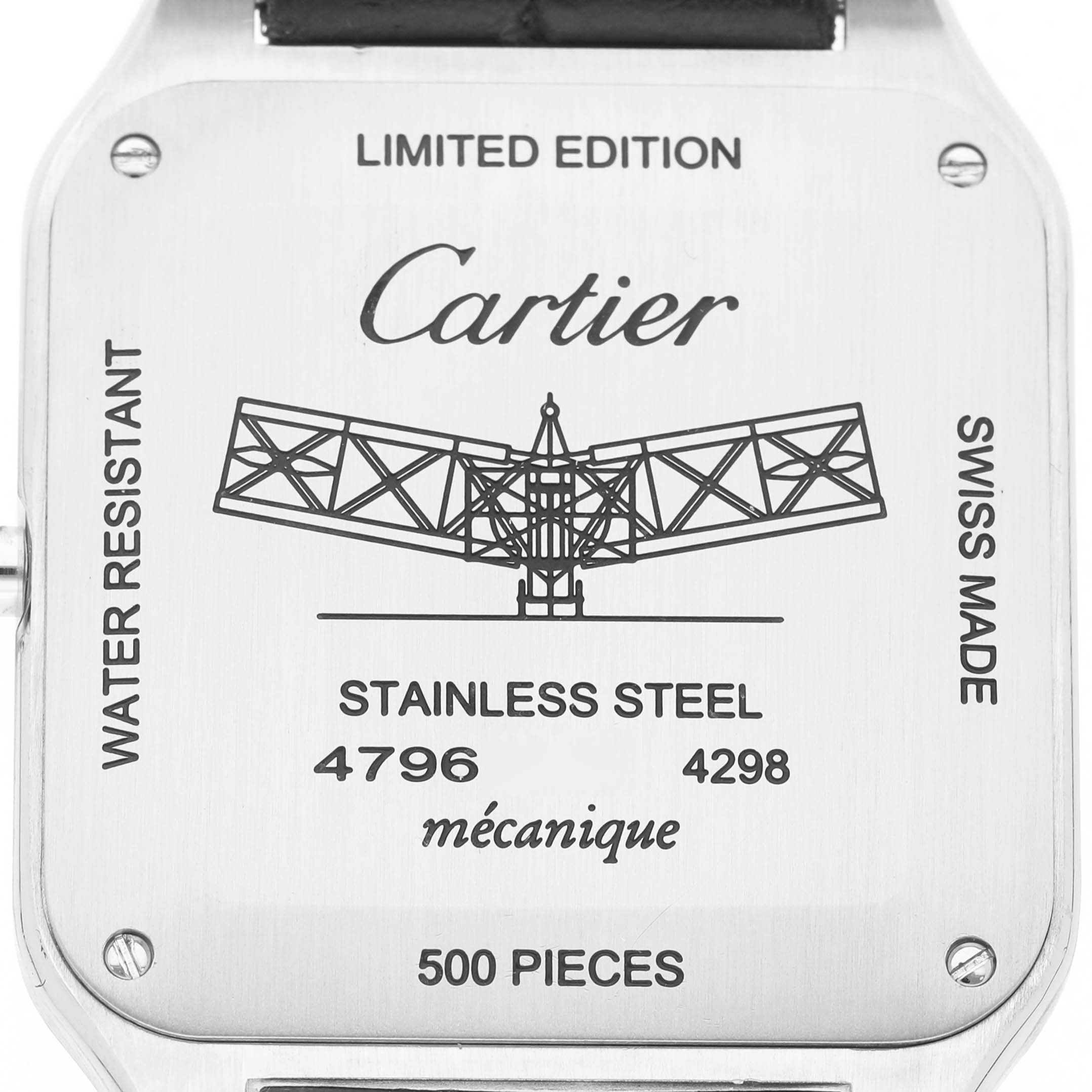 The image shows the back case of the Cartier Santos Dumont W2SA0015 Men's Steel and Gold (two tone) Black Dial watch, highlighting its limited edition markings and details.