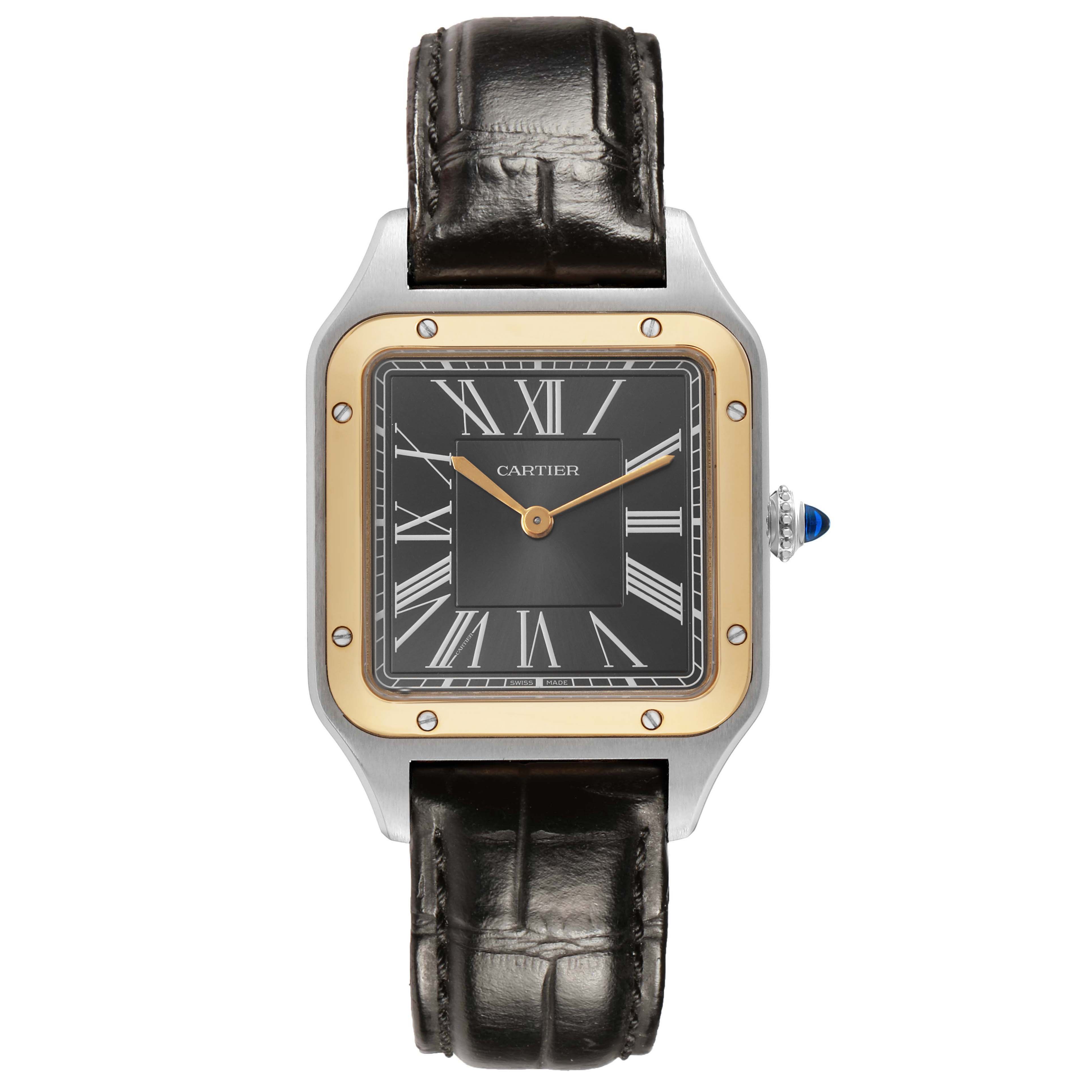 The Cartier Santos Dumont W2SA0015 Men's Steel and Gold (two tone) Black Dial watch is shown from a top-down angle, featuring its square face, Roman numerals, and black leather strap.