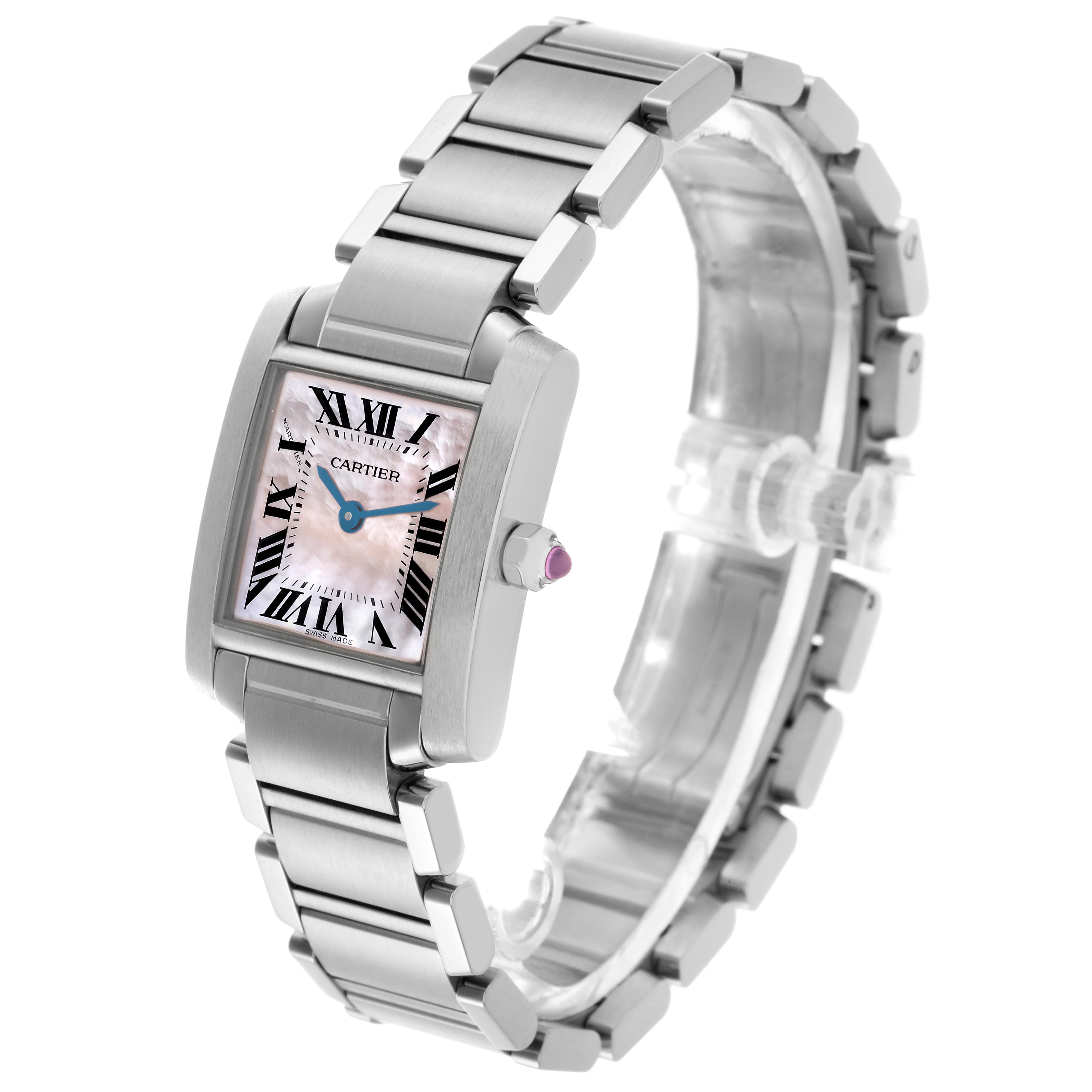 The Tank Française by Cartier is shown at a three-quarter angle, highlighting the watch face, bracelet, and crown.