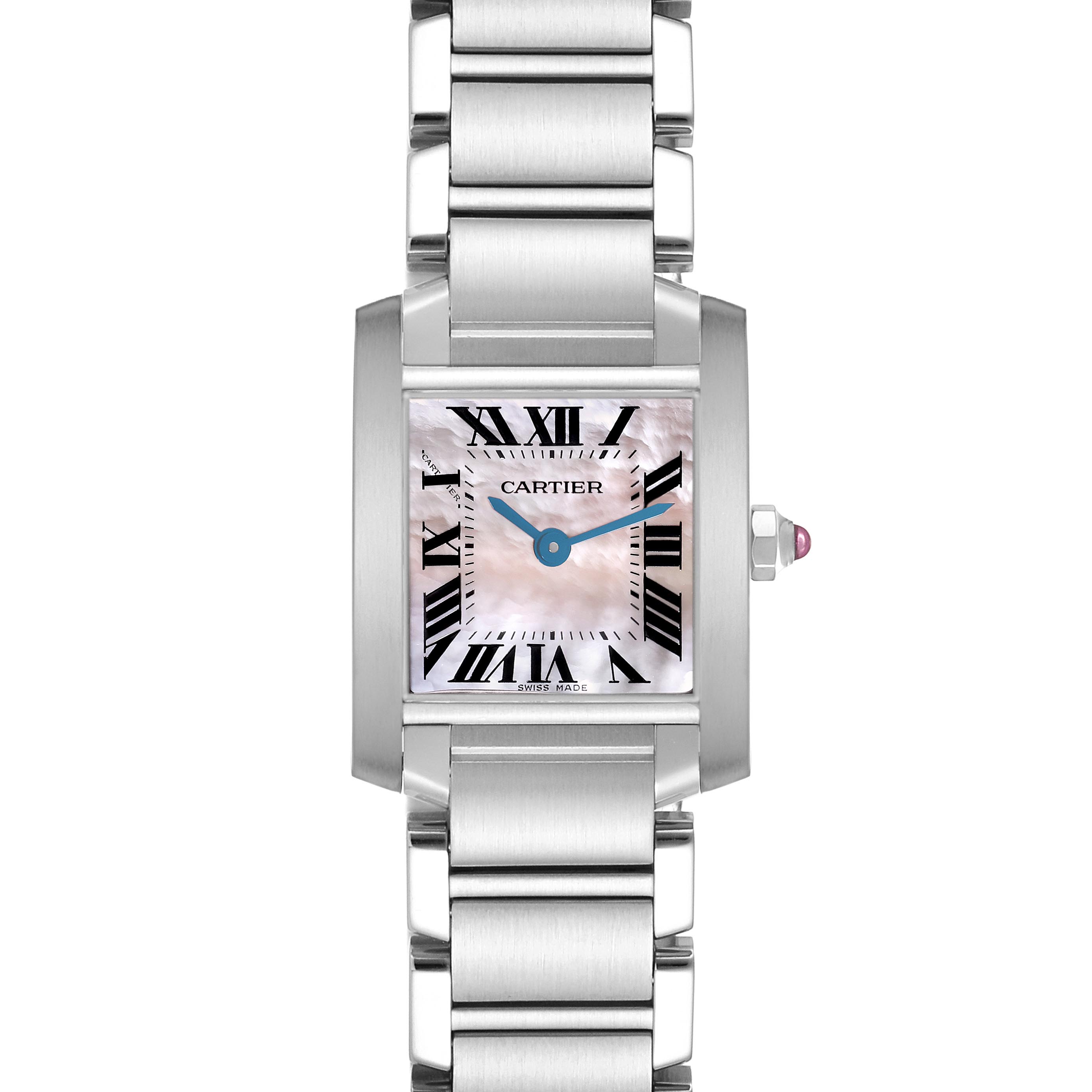 The Cartier Tank Francaise W51028Q3 Women's Stainless Steel Mother of Pearl Dial W51028Q3 Women's Stainless Steel Mother of Pearl Dial watch is shown from the front, highlighting its bracelet and rectangular dial with Roman numerals.