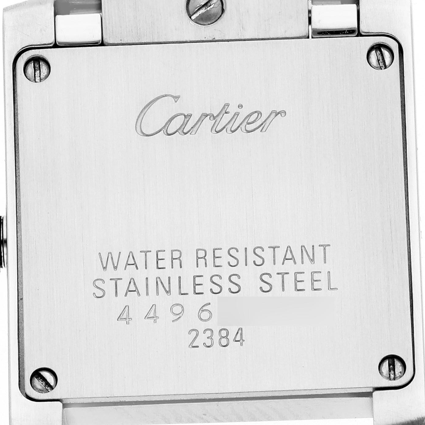 The image shows the back case of a Cartier Tank Française watch, highlighting its water resistance and stainless steel material.