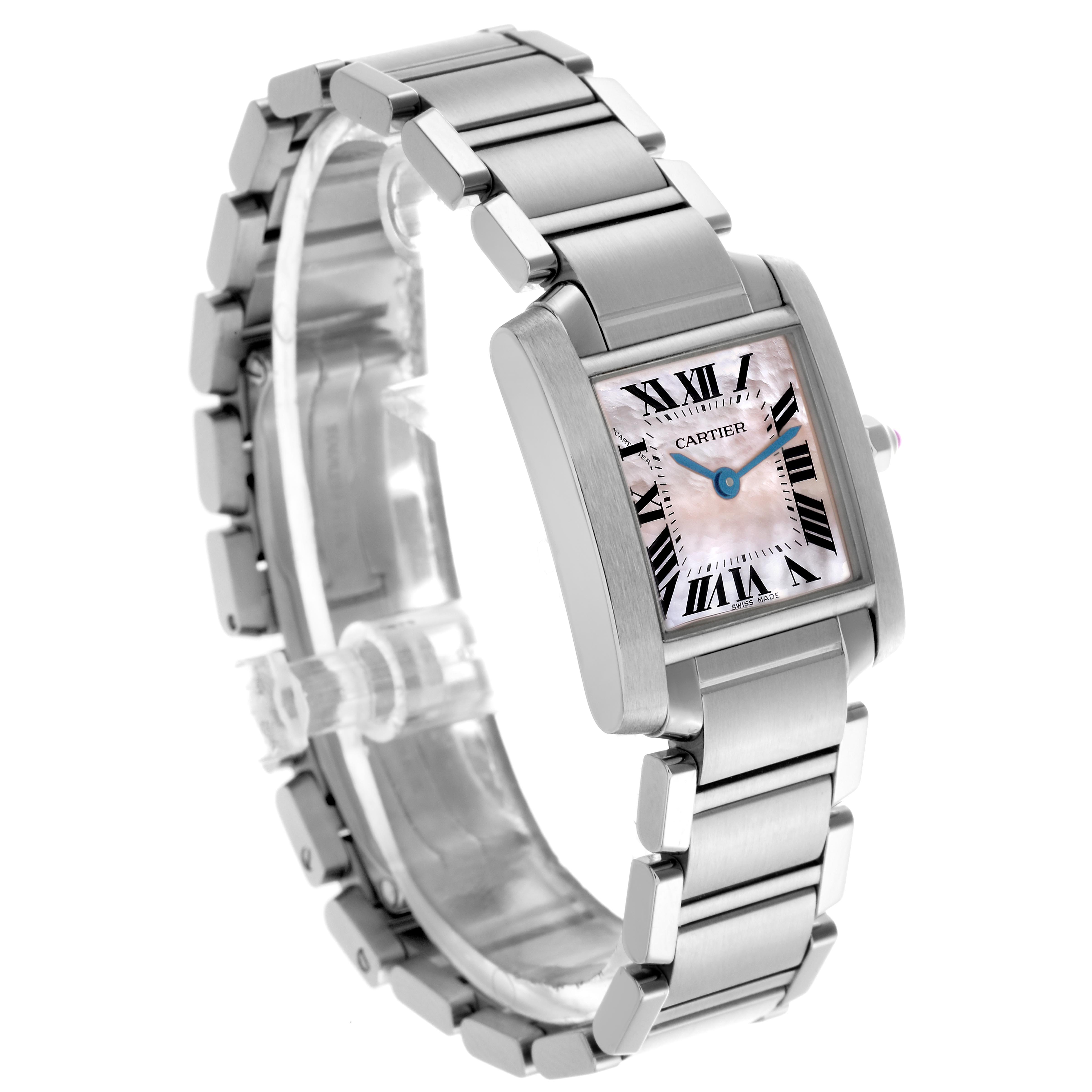 The Cartier Tank Francaise W51028Q3 Women's Stainless Steel Mother of Pearl Dial W51028Q3 Women's Stainless Steel Mother of Pearl Dial watch is shown at an angle highlighting the bracelet and face with visible Roman numerals and blue hands.