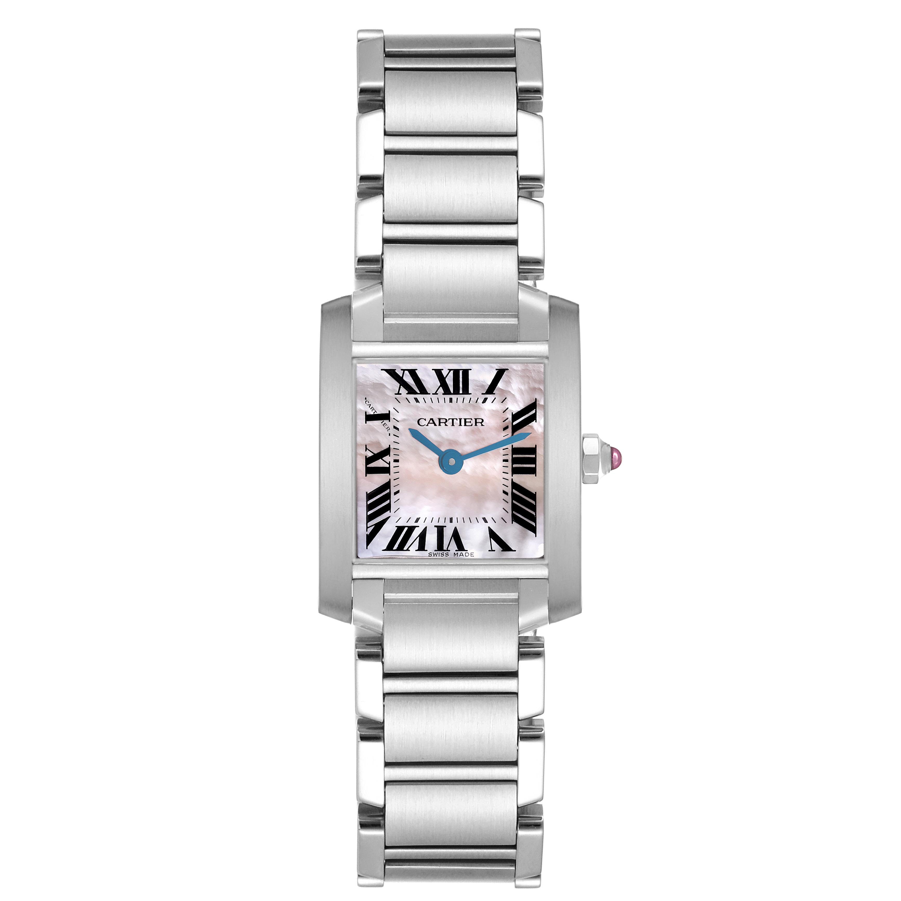 The Cartier Tank Francaise W51028Q3 Women's Stainless Steel Mother of Pearl Dial W51028Q3 Women's Stainless Steel Mother of Pearl Dial watch is shown from the front, highlighting its face, bracelet, and crown.