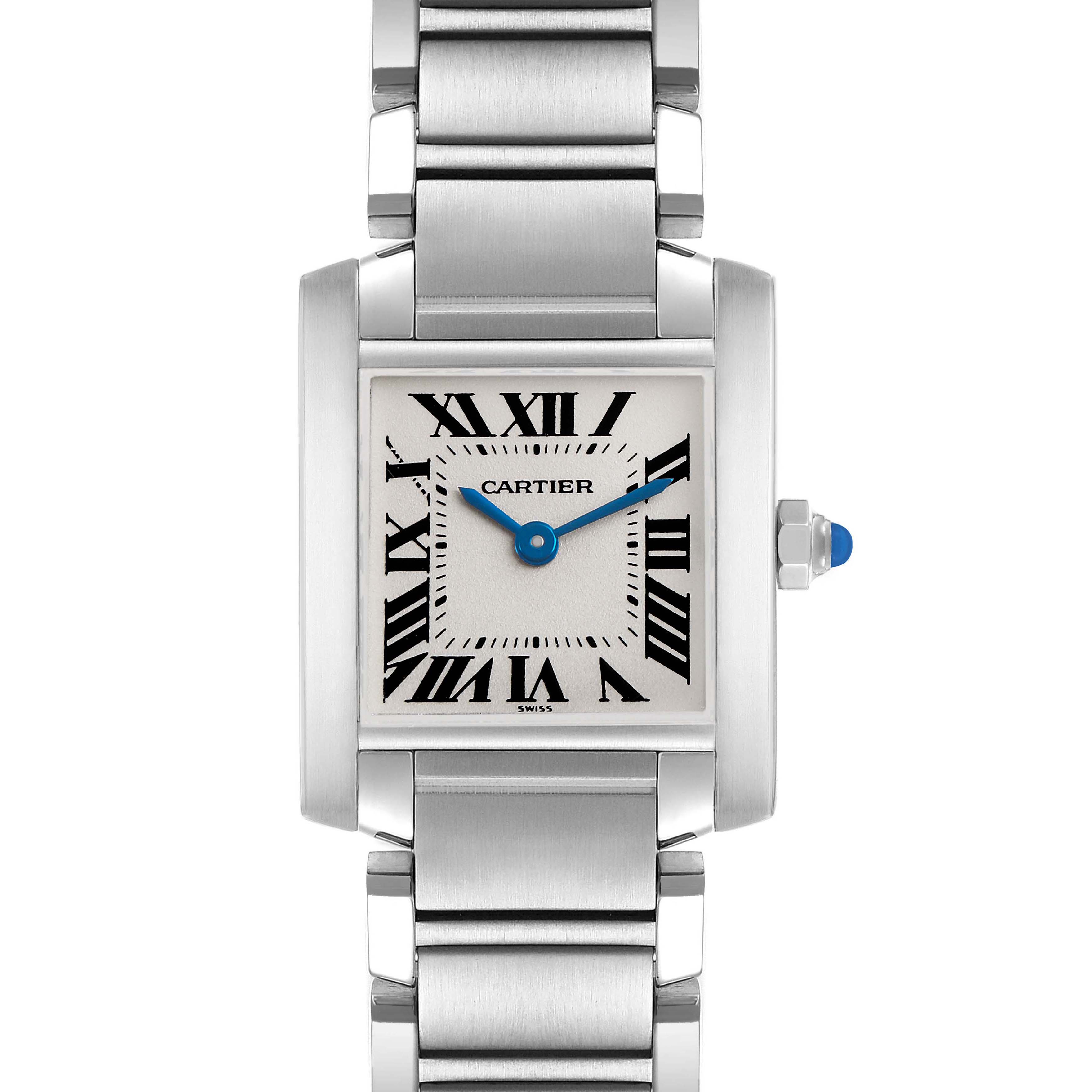 The Cartier Tank Française watch is shown from the front, displaying its rectangular face, Roman numerals, and metal bracelet.