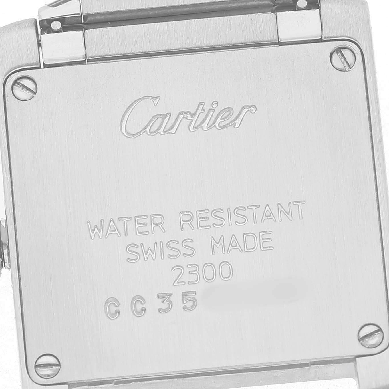 The image shows the back case of a Cartier Tank Française watch, highlighting the brand name and water resistance information.