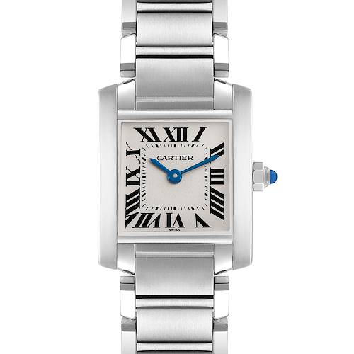 The Cartier Tank Francaise W51008Q3 Women's Stainless Steel Silver Dial watch is shown from the front, displaying the face, bracelet, and crown with its blue cabochon.