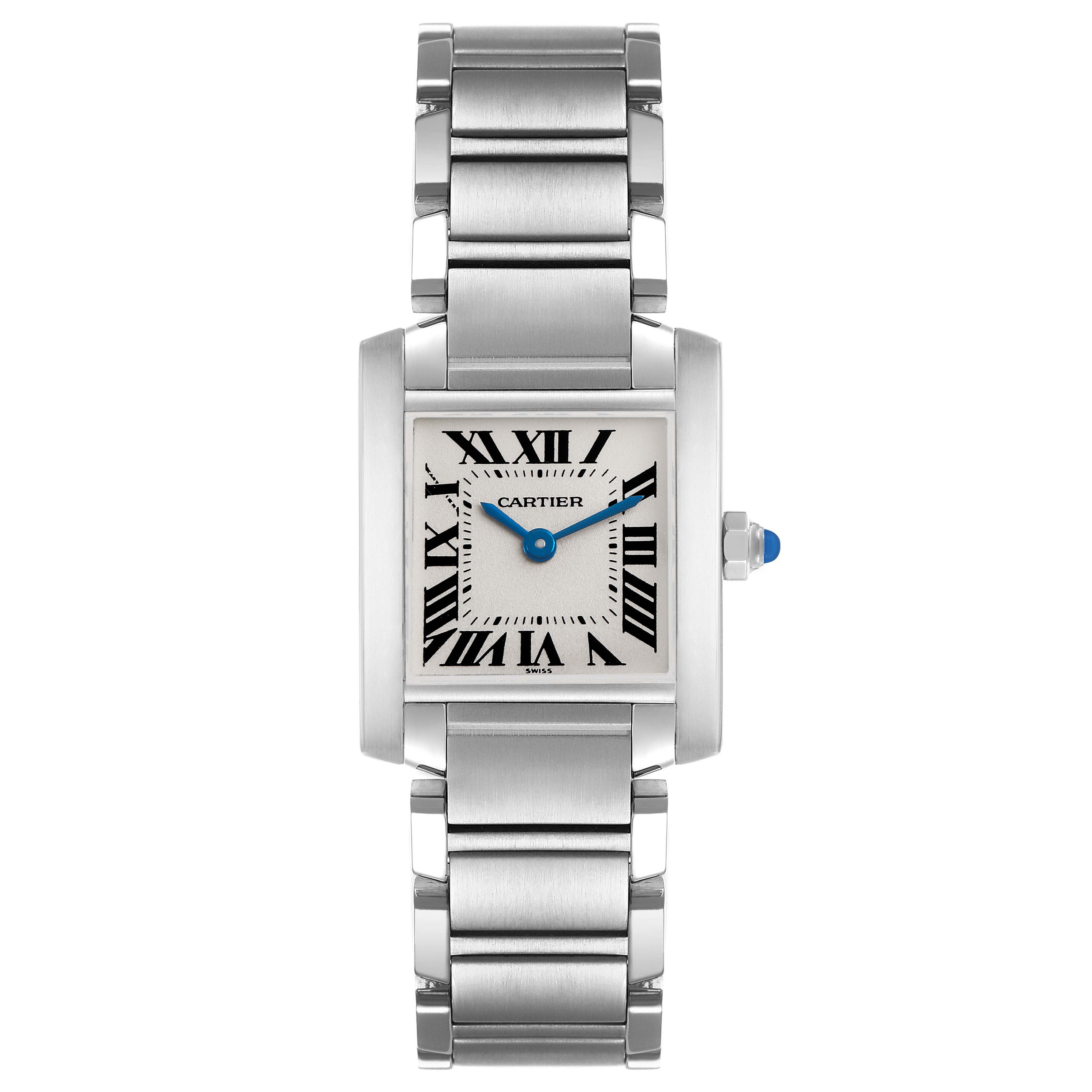 The Cartier Tank Française watch is shown from the front, displaying its rectangular face, Roman numerals, and metal bracelet.