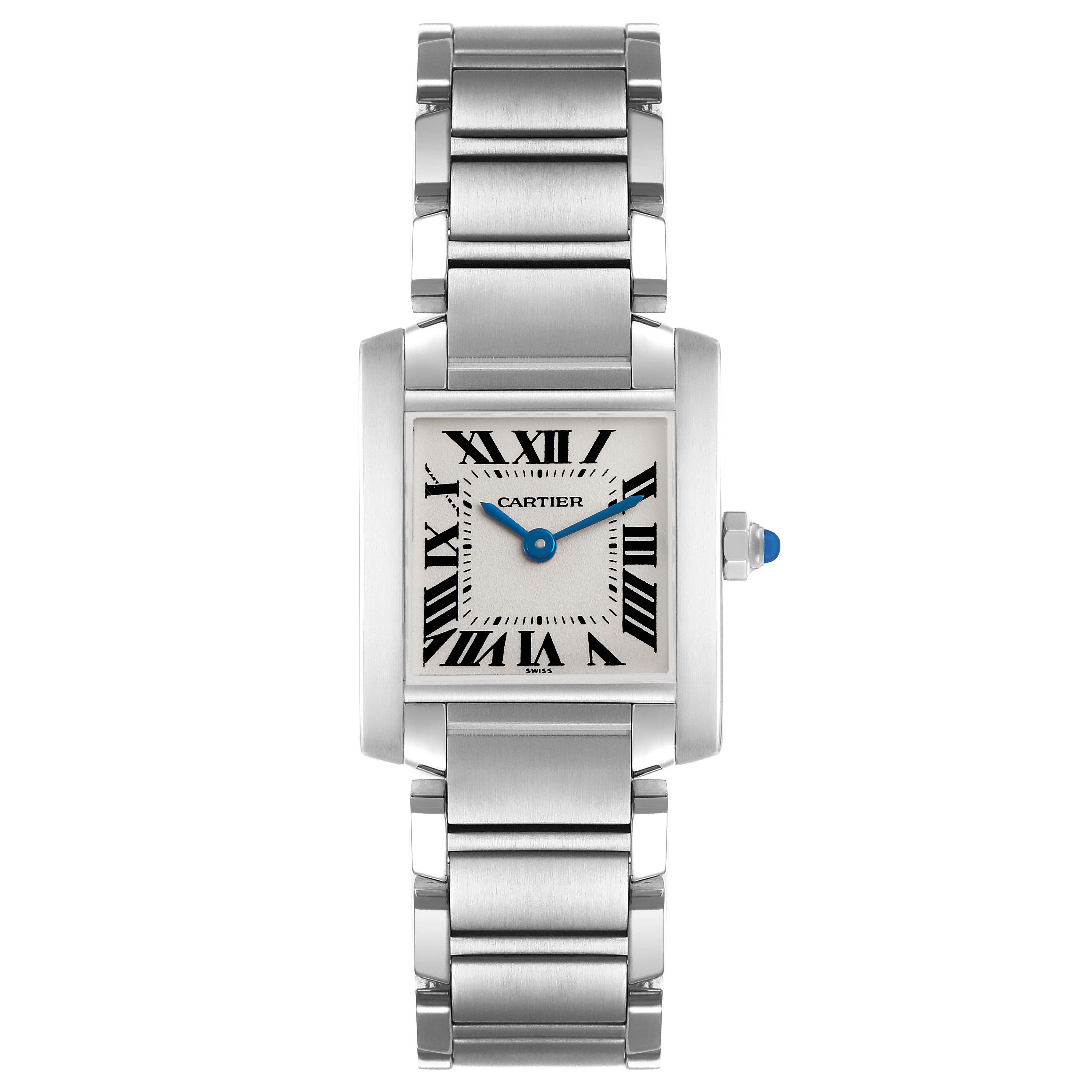 The Cartier Tank Francaise W51008Q3 Women's Stainless Steel Silver Dial watch is shown from the front, highlighting its rectangular face and metal bracelet.